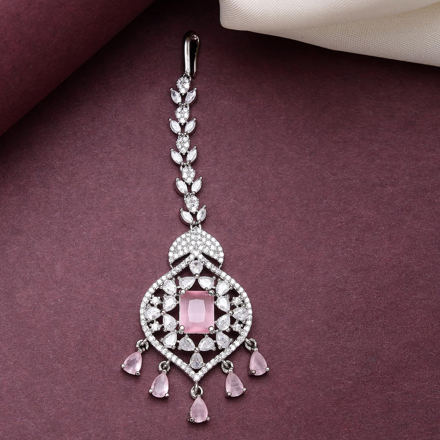 Zeneme Sparkling American Diamond Maang Tikka for Women | Elegant Floral Design Silver Plated Maang Tikka for Wedding - Traditional Head Jewellery for Women (Pink Moonbeam Charm Mangtika)