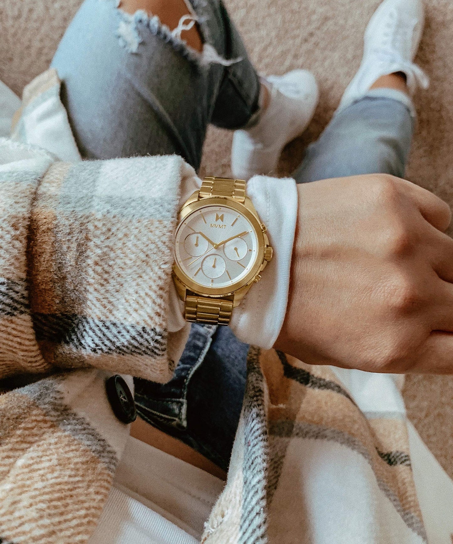 MVMT Stainless Steel Getaway Analog White Dial Gold Strap Women's Watch-28000128-D