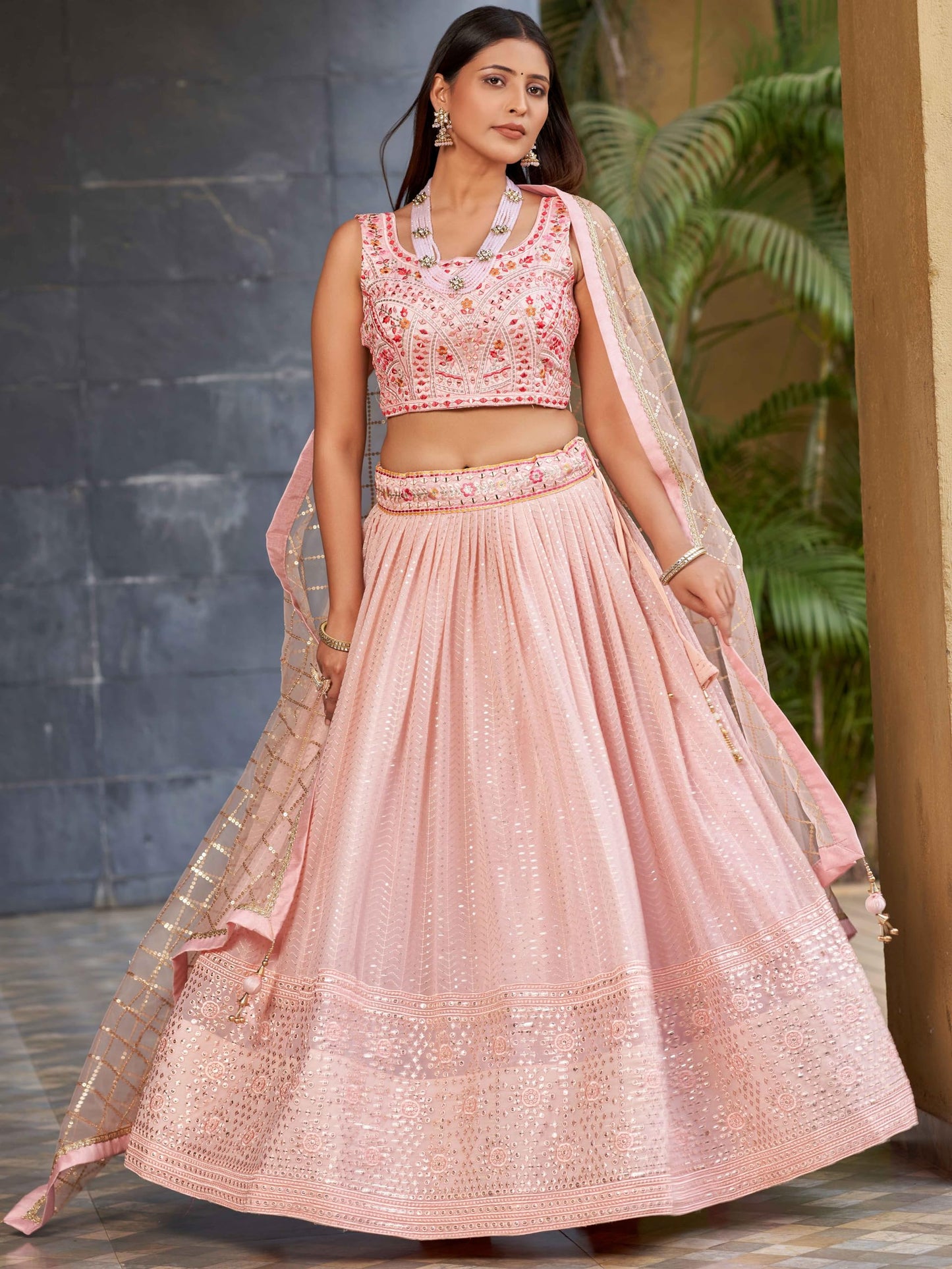 Zeel Clothing Women's Sequins Mirror Work Georgette Semi Stitched Lehenga Choli With Dupatta (5083-Peach-Wedding-Stylish-New; Free Size)
