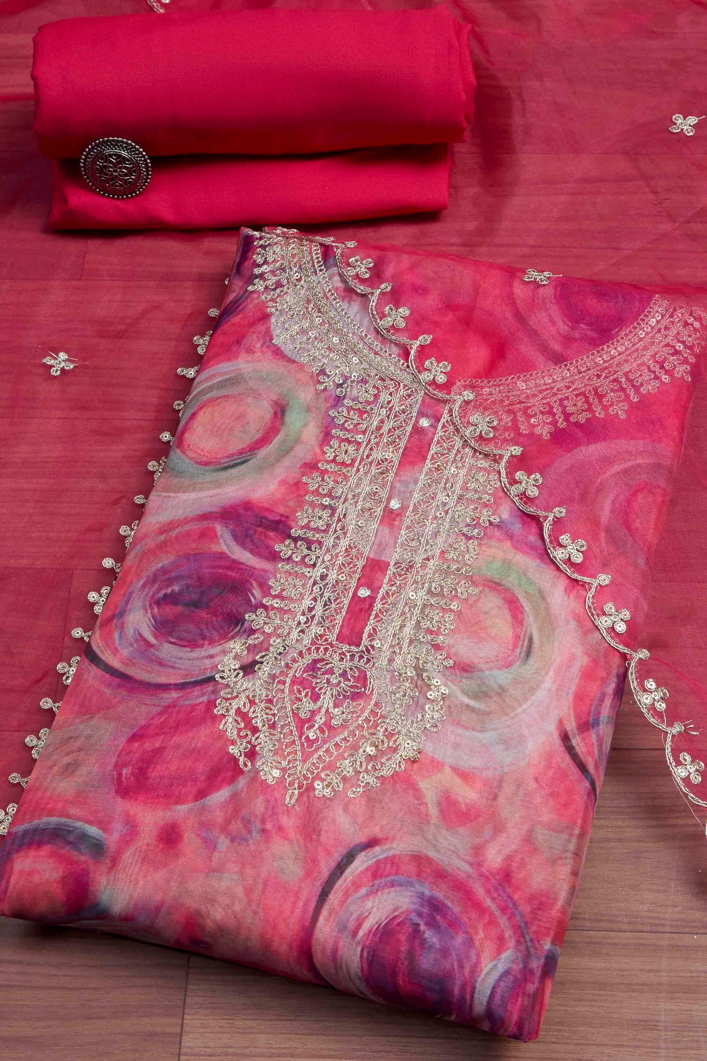 Biba Women Pink Organza Rajasthani Print Unstitched Suit Set_FREE SIZE