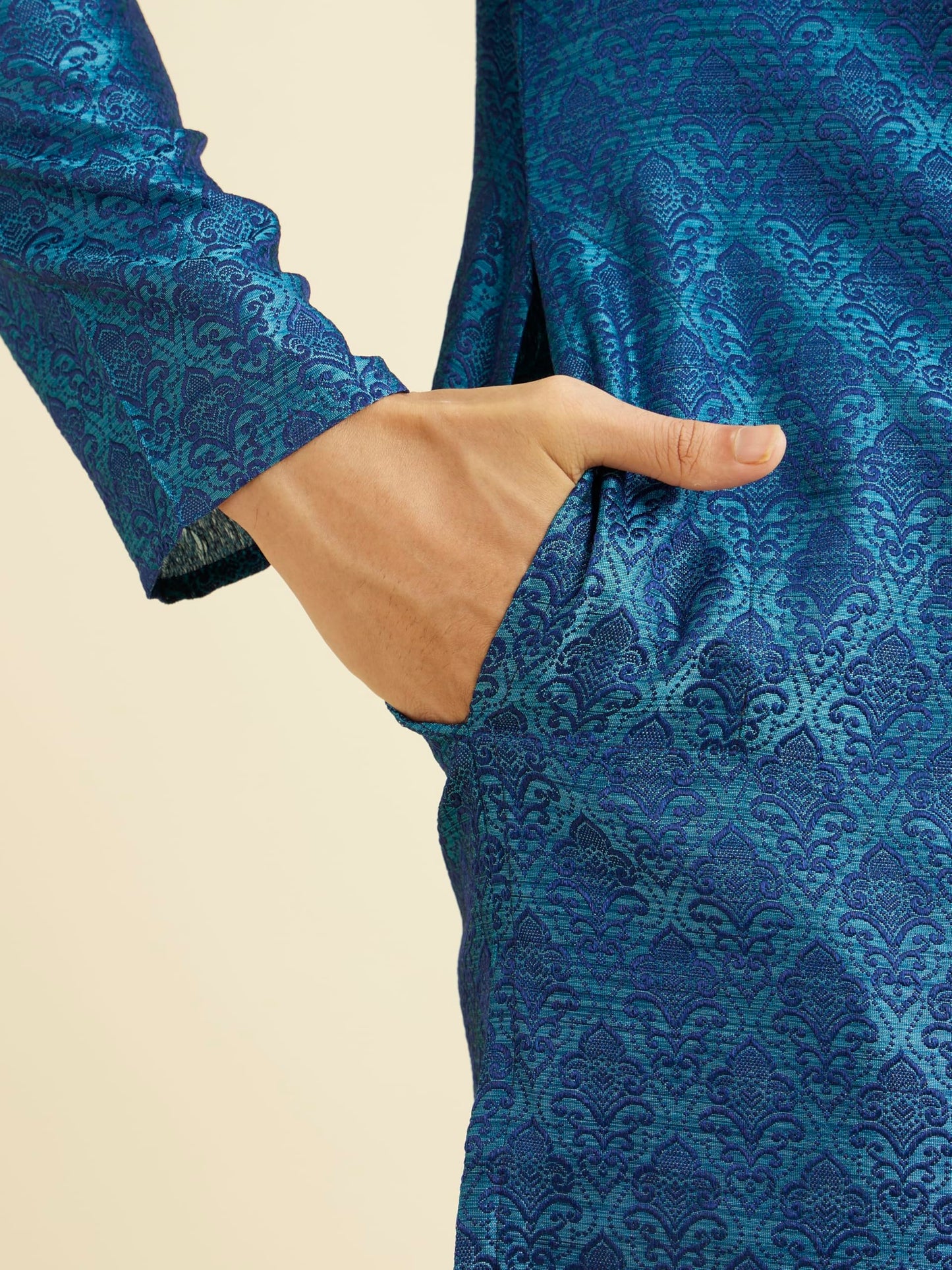 Manyavar Elegant Embroidered Knee Long Full Sleeves Kurta Pyjama Set for Men - (Blue, Large)