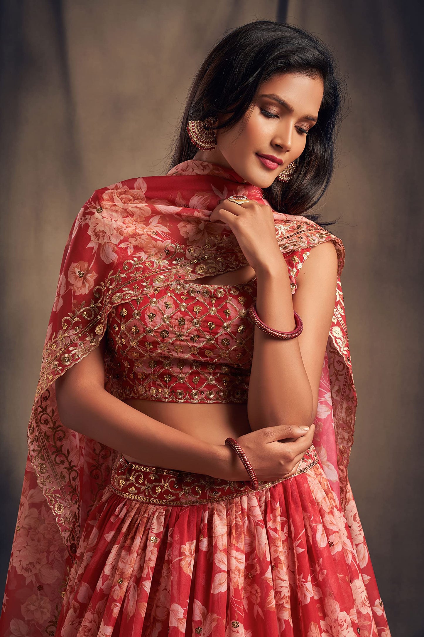 Zeel Clothing Women's Organza Floral White Semi-Stitched Lehenga Choli (7617-Red-Women-Floral-Lehenga-Latest, Corel Red)
