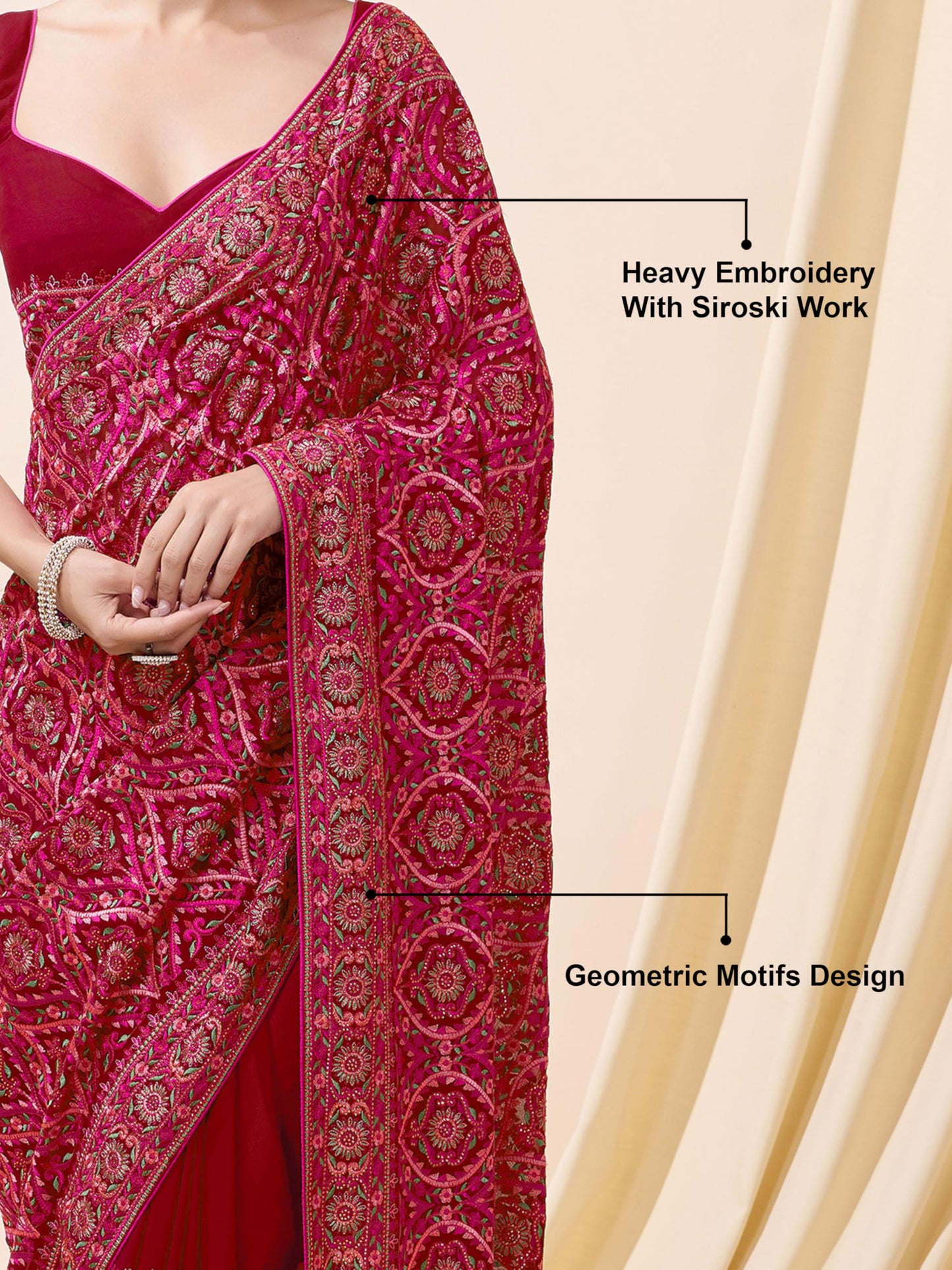 TRENDMALLS Women's Vichitra Silk Embroidery Work Saree with Unstitch Blouse Piece (K1088-Red)