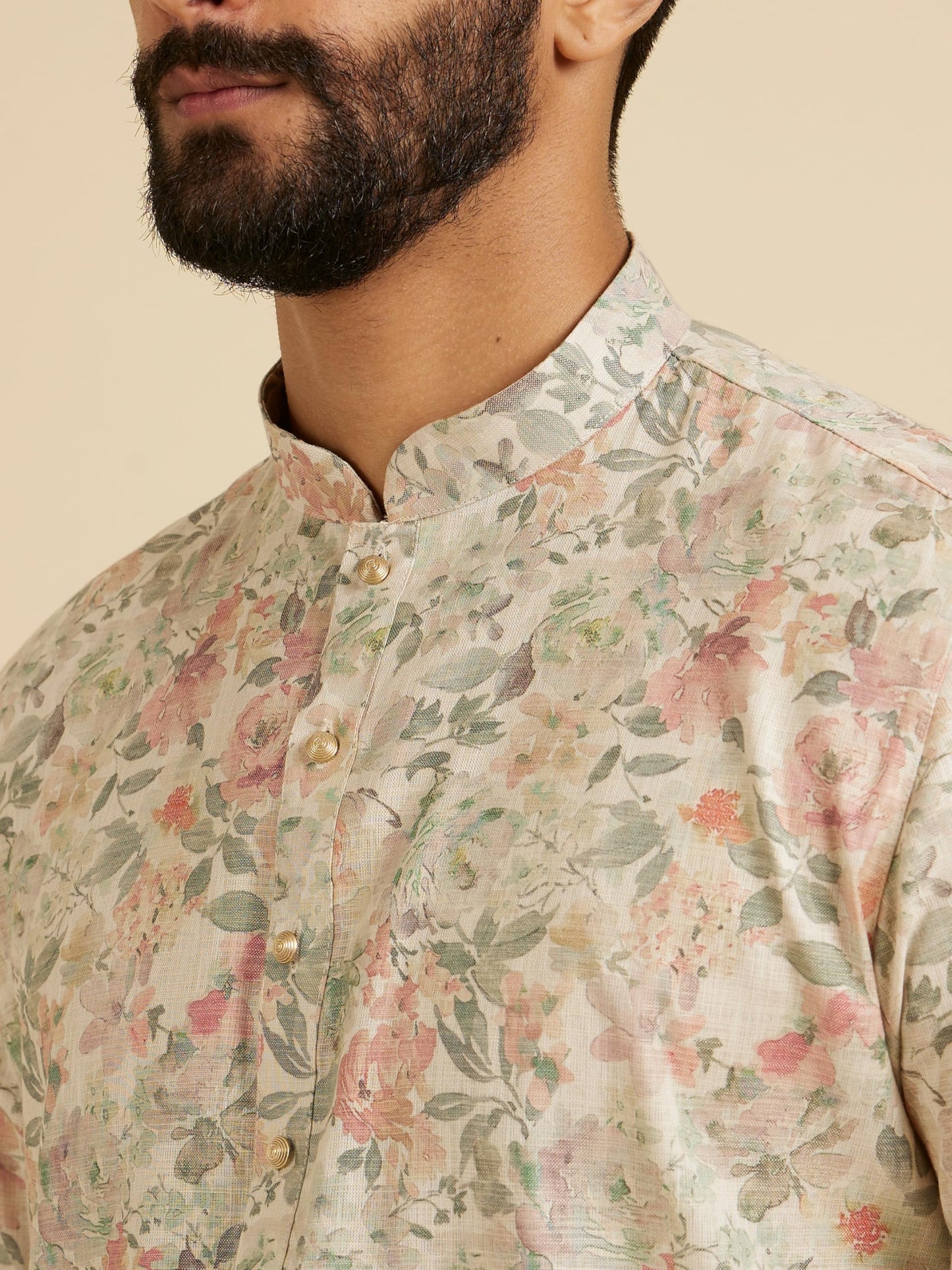 Manyavar Men's Cotton Blend Floral Print Regular Long Kurta (Peach,XL)