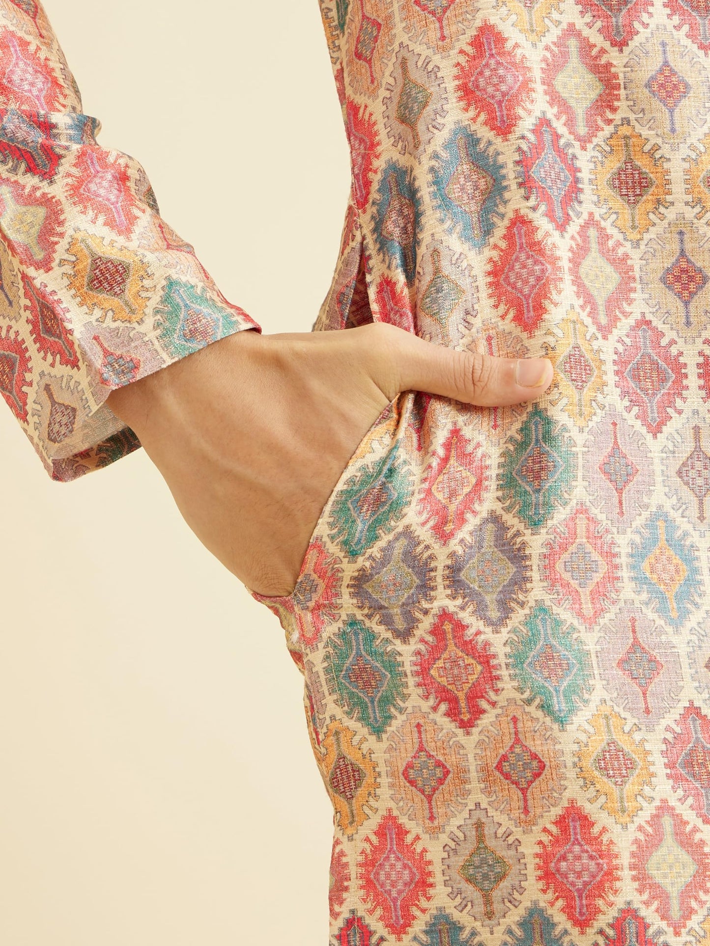 Manyavar Men's Art Silk Printed Kurta Pyjama Set (Beige,XXL)