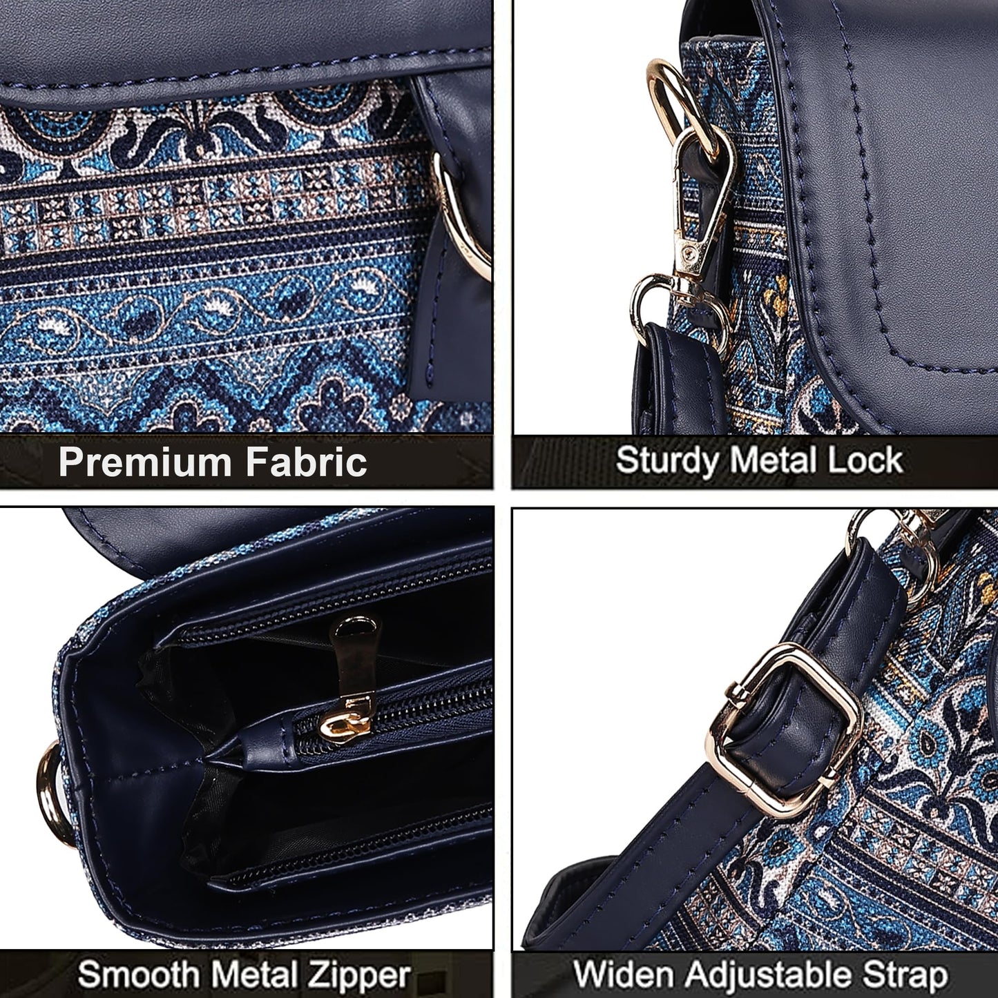 PRD Craft Boho Printed Sling Bag for Women | Jute Crossbody Shoulder Purse with Flap Lock, Zip Closure & Adjustable Strap (Blue, Small)