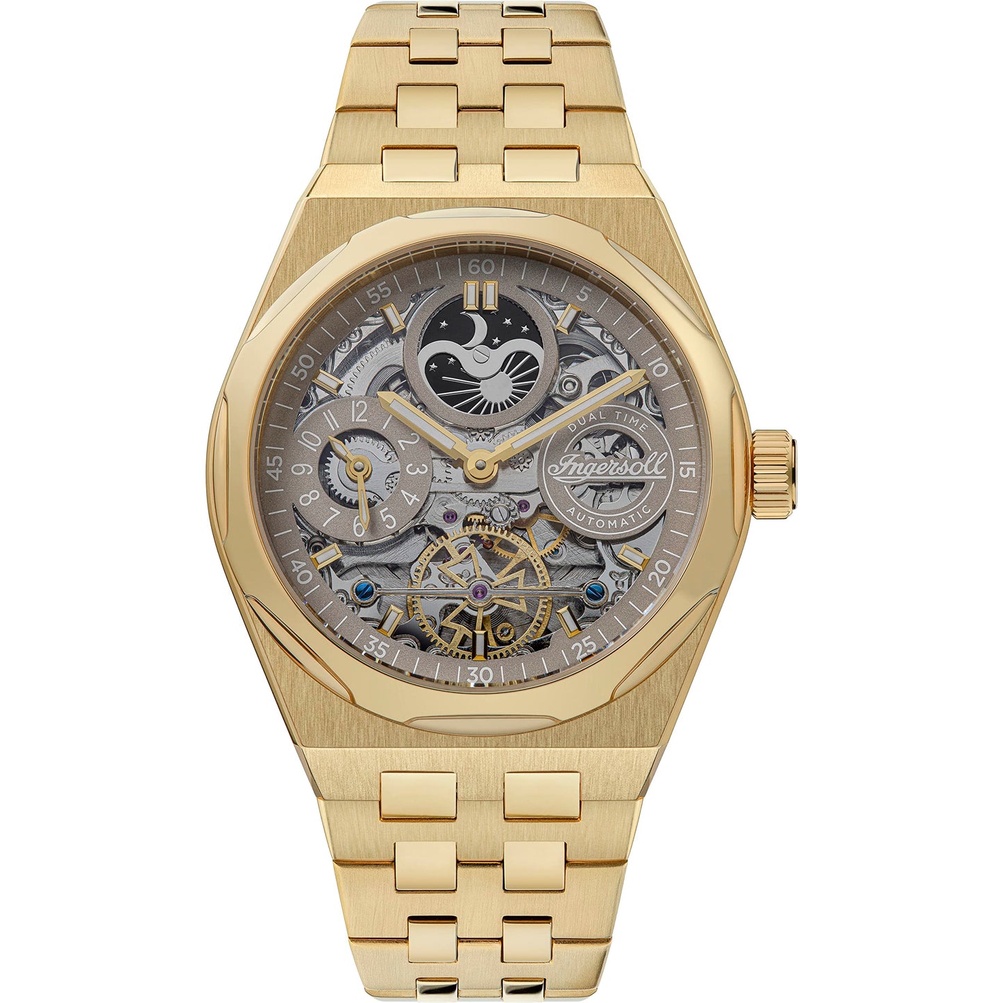 Ingersoll 1892 The Broadway Automatic Mens Analog Watch with Pale Brown Dial and Stainless Steel Gold Bracelet - I12902, Band_Green