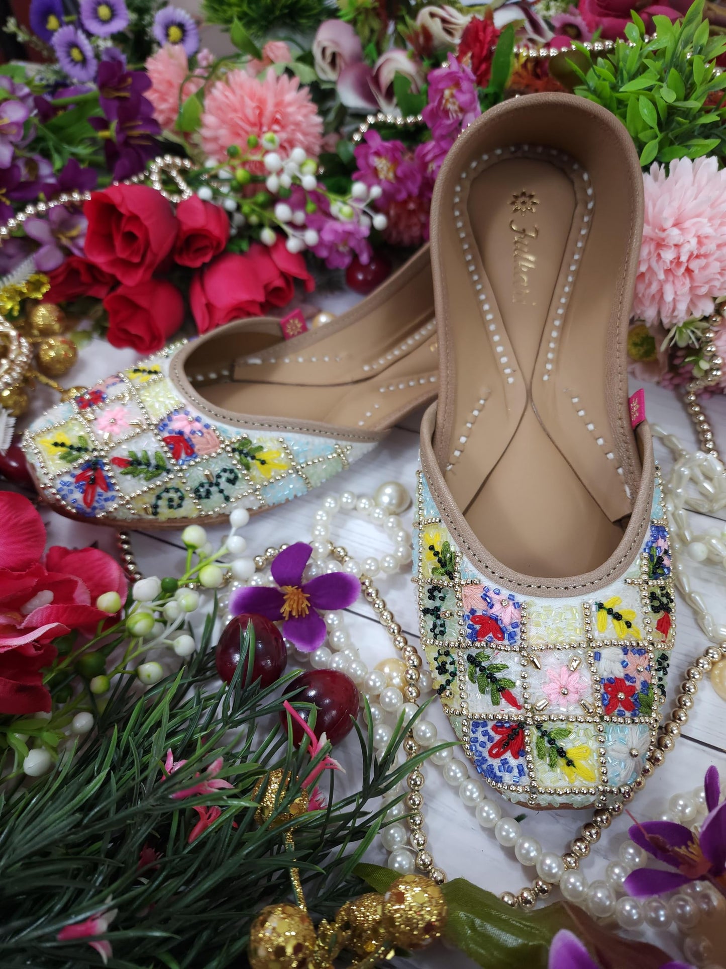 Fulkari Women Paradise Gold Multi Formal Genuine Soft Leather Jutis | Bite and Pinch Free Juttis | Punjabi Jutti | Girl's Wedding Flat Ladies Mojari Ethnic Juti |