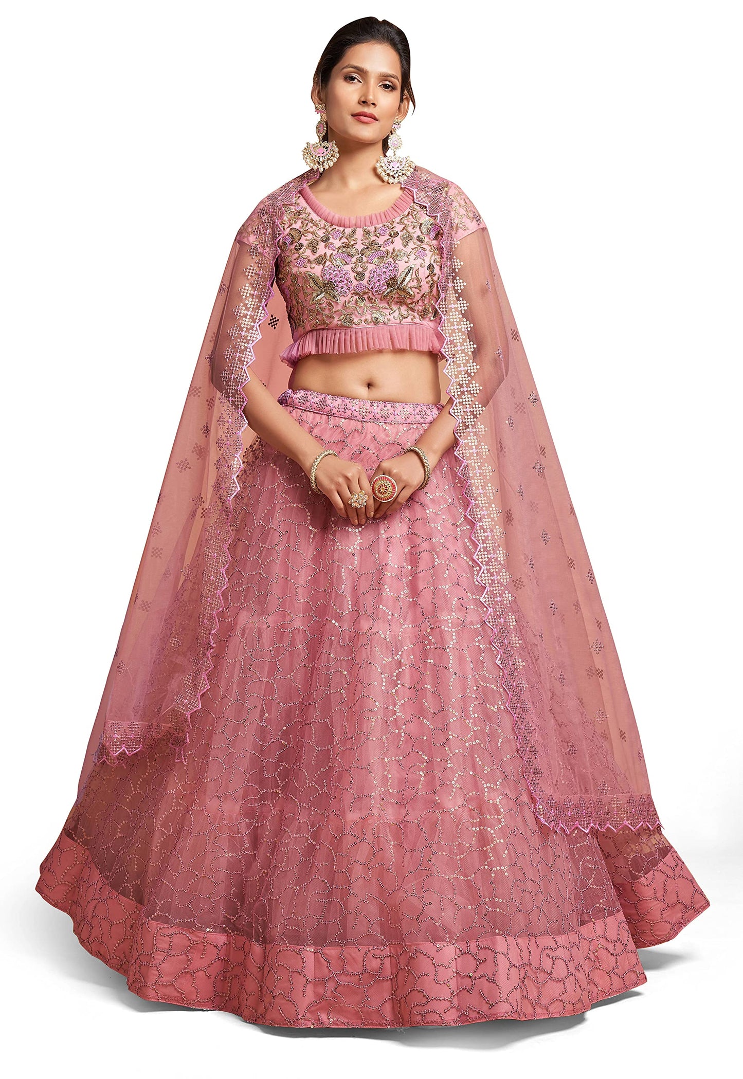 Zeel Clothing Women's Net Embroidered Semi-Stitched Bridal New Lehenga Choli with Dupatta (7313-Pink-Wedding-Girlish-Latest-Lehenga; Free Size)