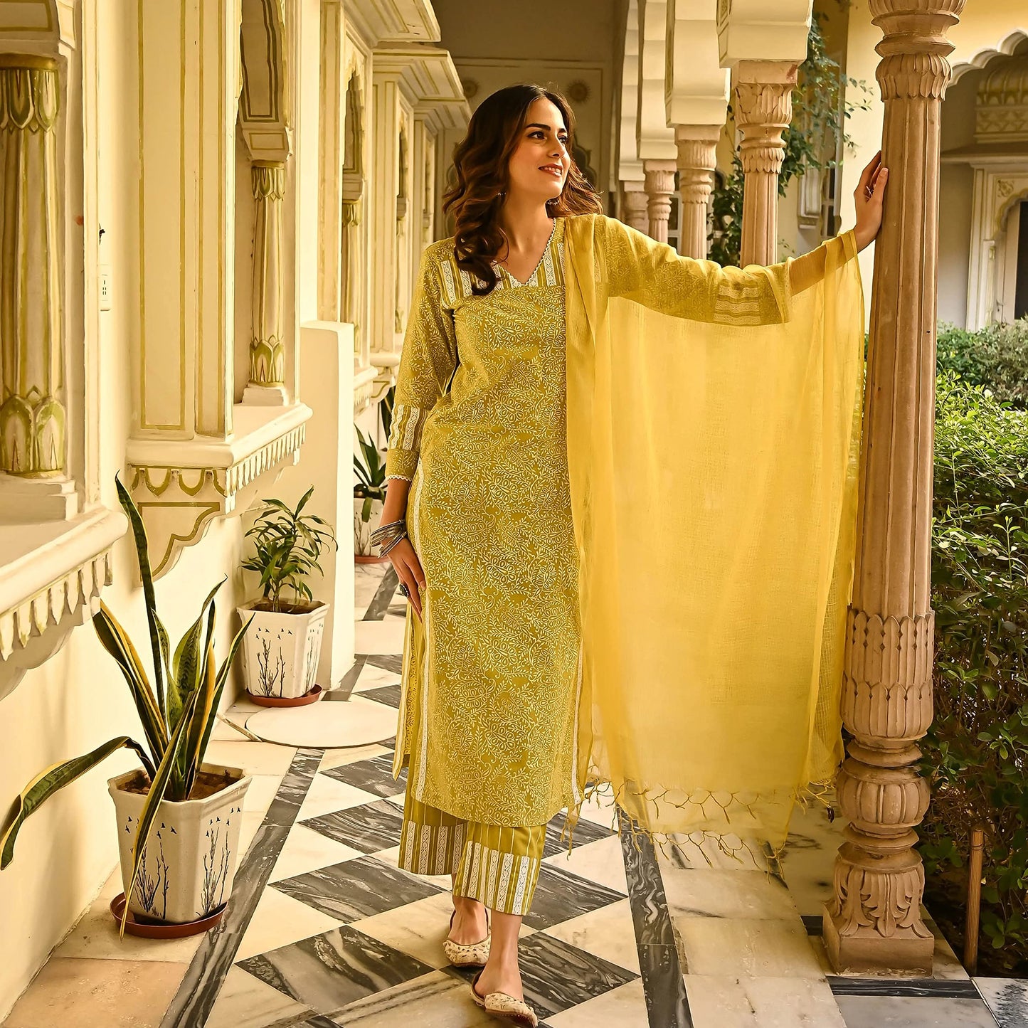 Royal Export Women's Straight Floral Printed Salwar Suit Set Mustard