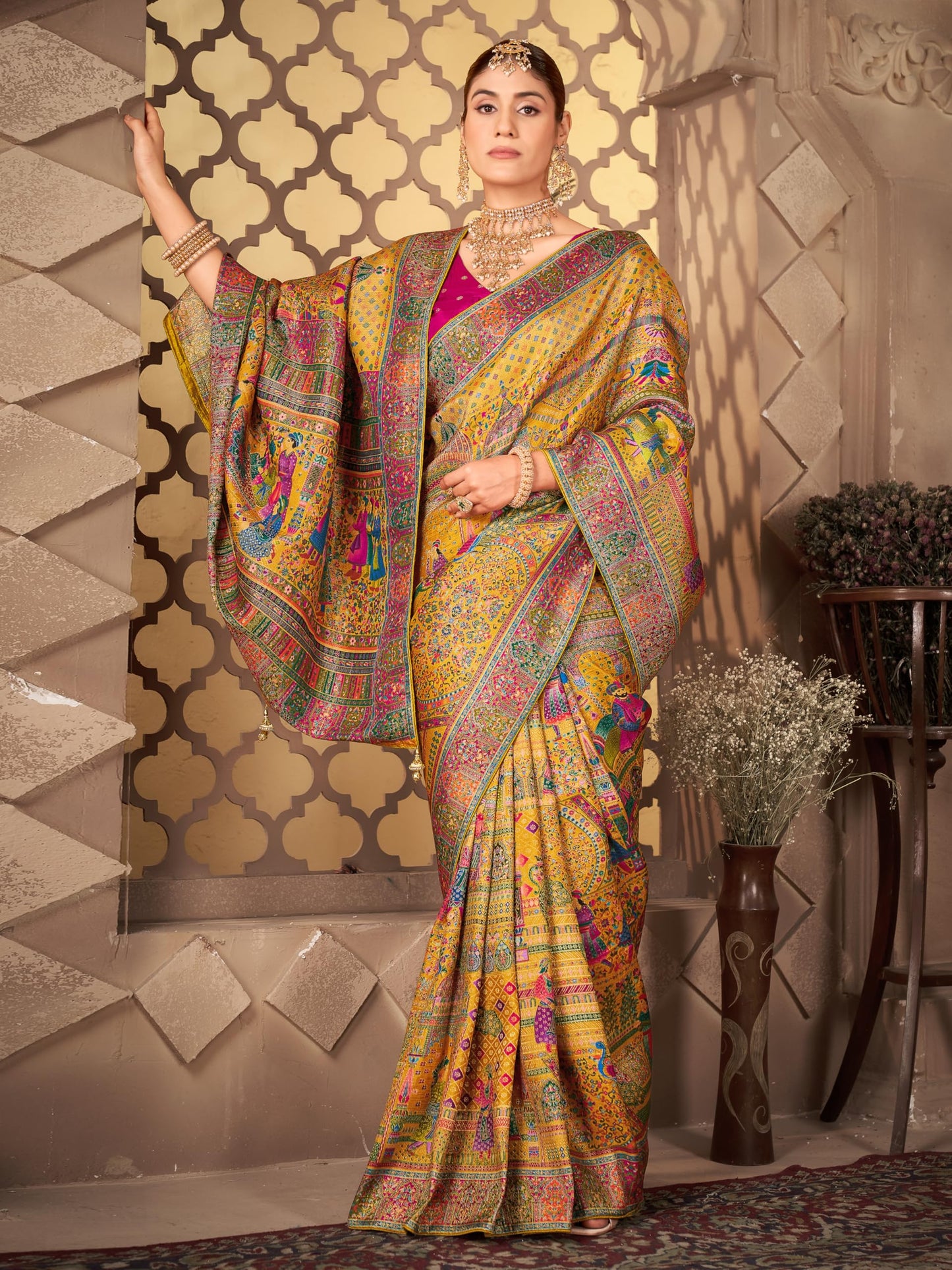 Glory Sarees Women’s Luxurious Dola Pure Silk Original Saree Position Print Work Madhubani Inspired Motifs Banarasi Kanjivaram Style Saree With Blouse Piece (Elegant101_Yellow)