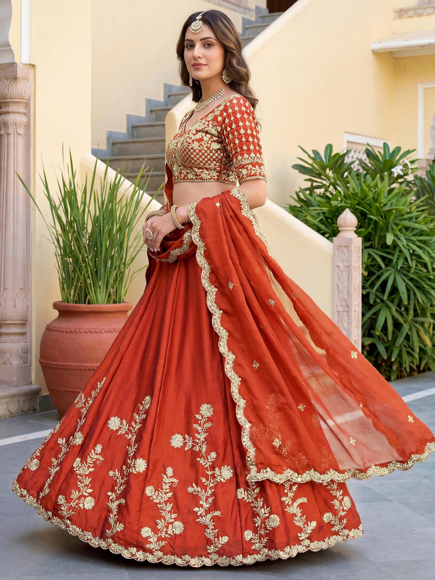 Zeel Clothing Women's Thread and Sequins Embroidered Work Silk Lehenga Choli With Dupatta (5135-Orange-Women-Lehenga-Choli-Latest; Free size) (Orange)