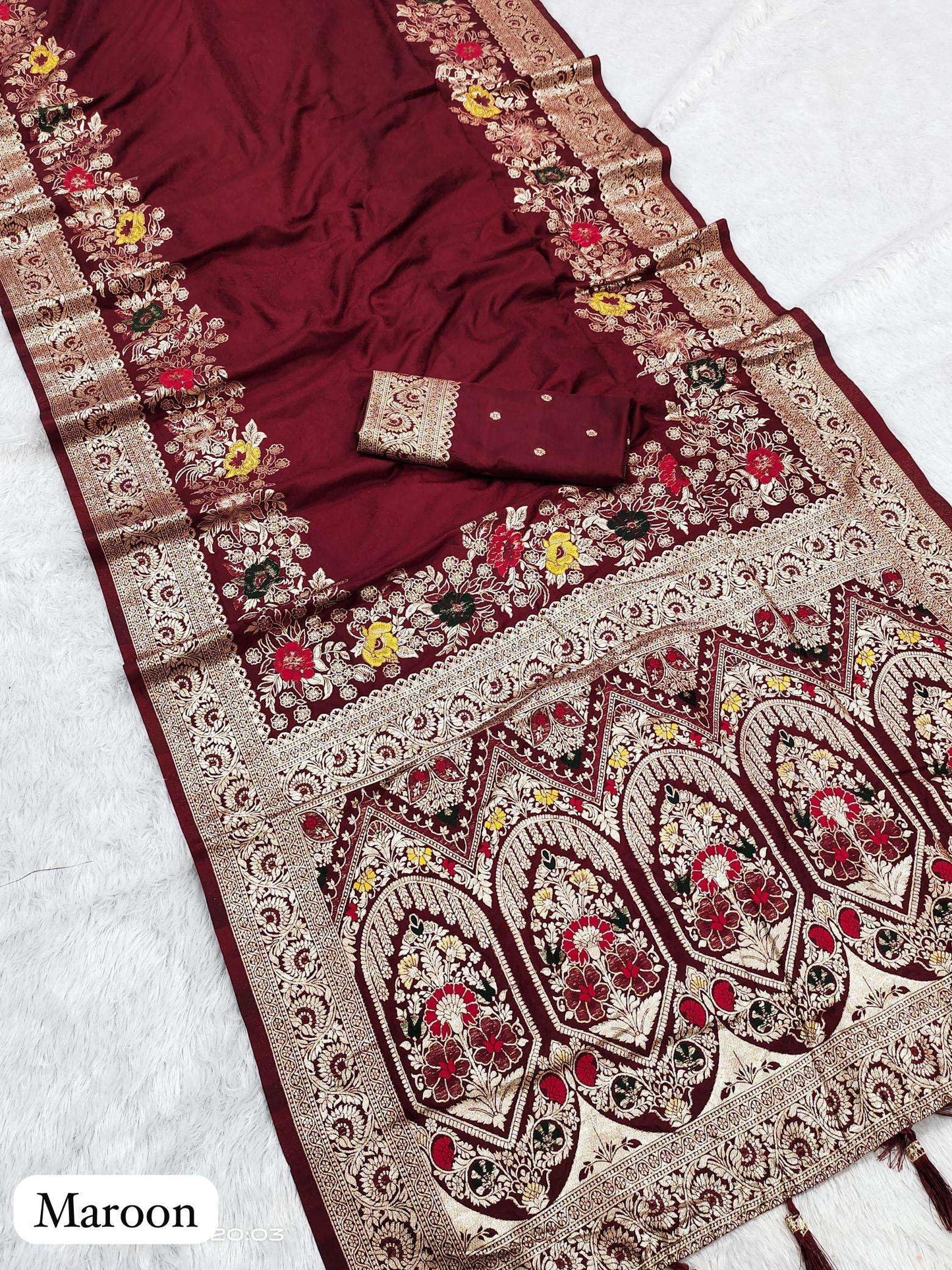 SWORNOF Womens Kanjivaram Silk Saree with Zari Woven Saree With Blouse Piece (MAROON)