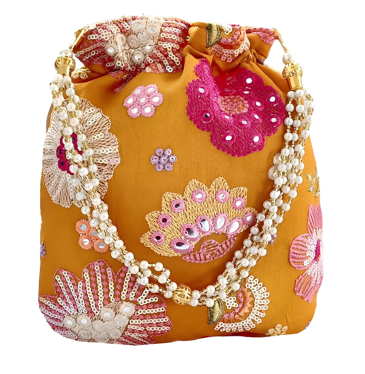 DUCHESS Women's Embroidered Polti Bag with Pearl Handle and Tassel - Bridal Ethnic Traditional Casual Purse/Clutch/Handbag, (21 L X 2 W X 23 H C, Mustard Yellow)