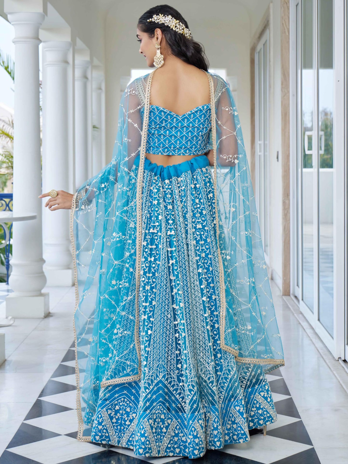 Zeel Clothing Women's Cotton Thread Sequins Work Embroidery Soft Net Semi-Stitched Lehenga Choli Set With Dupatta (2137-Skyblue-Wedding-Women-Lehenga-Choli-Latest; Free Size)