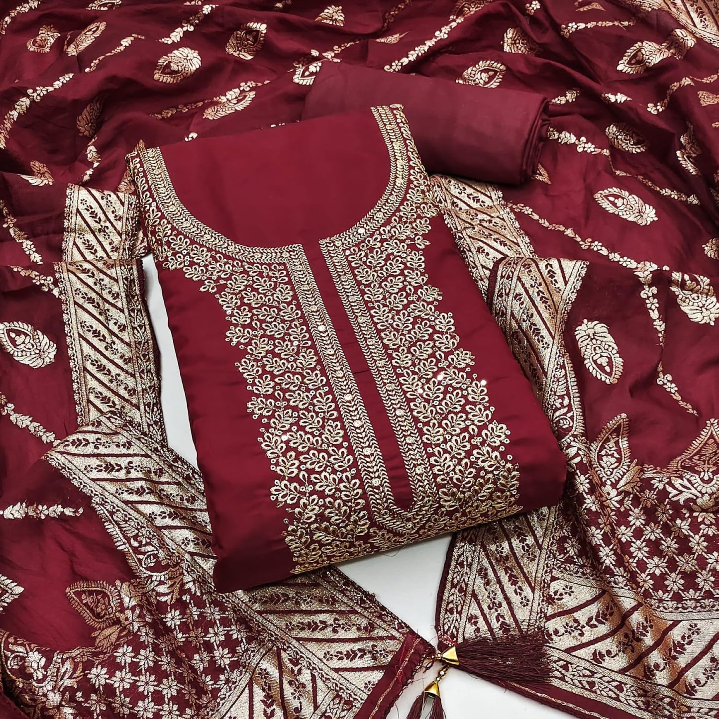 Leeli Peeri Designer Women's Roman Silk Embroidery Work Unstitched Dress Material