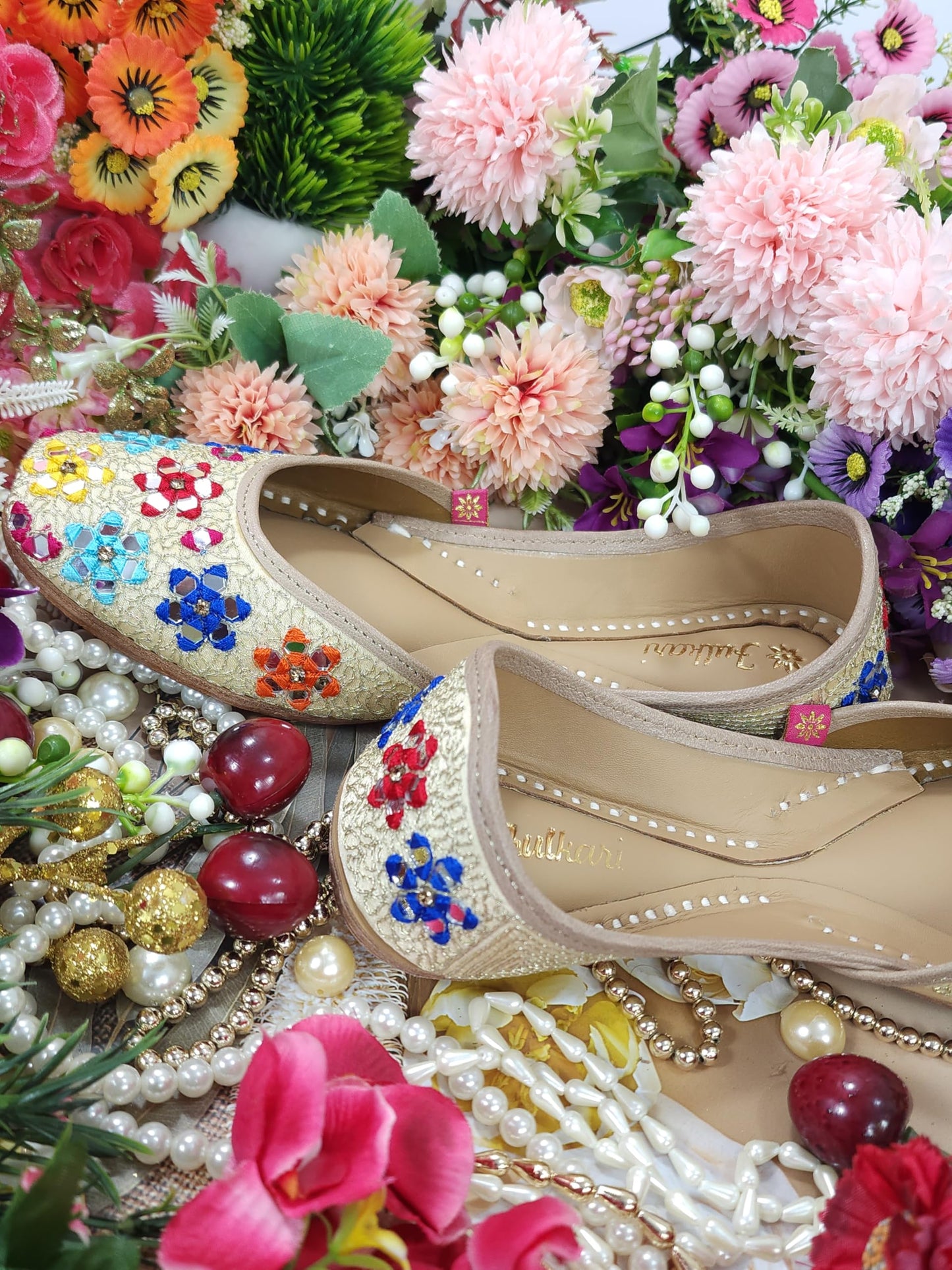 Fulkari Women Mirror Gold Multicolor Formal Genuine Soft Leather Jutis | Bite and Pinch Free Juttis | Punjabi Jutti | Girl's Wedding Flat Ladies Mojari Ethnic Juti |