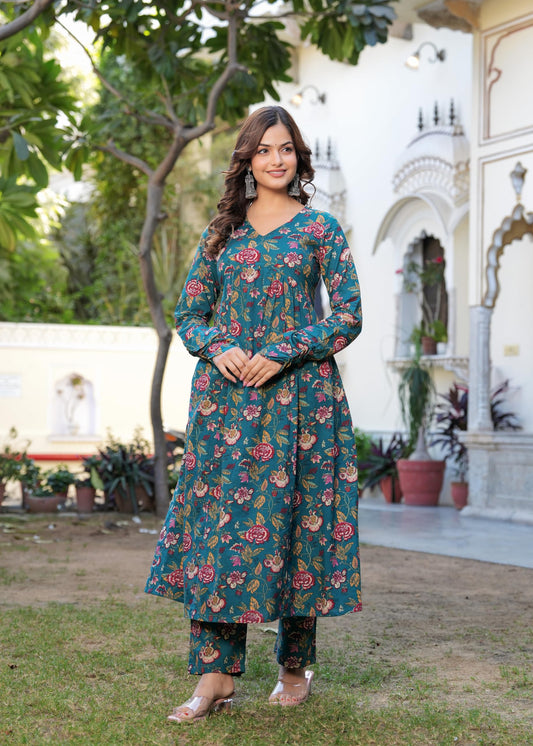 Manojava Women's Floral Printed Anarkali Kurta, Pant and Dupatta Set (IN, Alpha, M, Regular, Big, Blue)