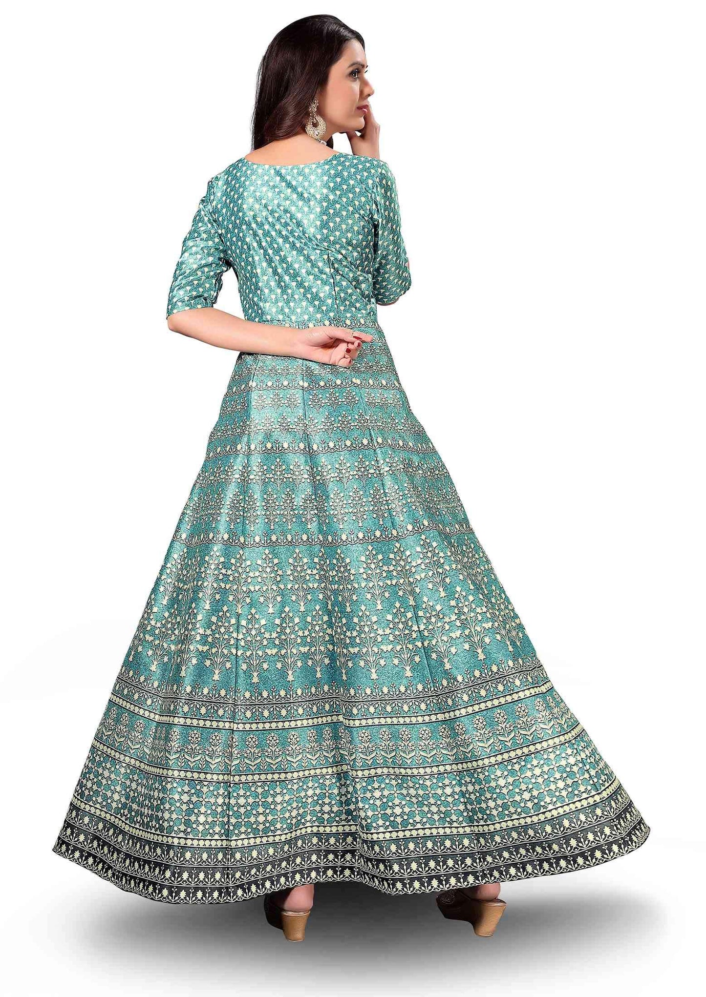 Zeel Clothing Silk A-line Long Printed Green Gown For Women's (Medium)