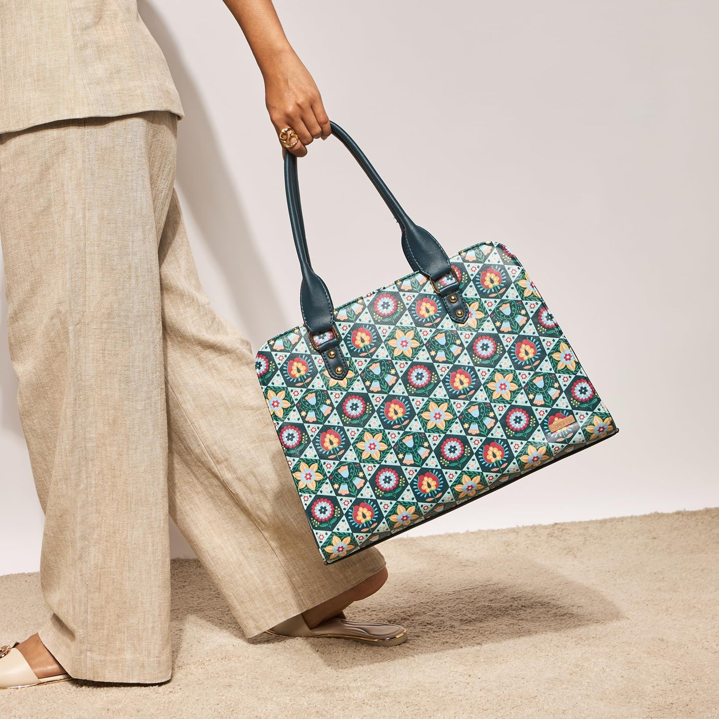 Chumbak Naples Tote Bag for Women, Navy Floral PU Leather, Digital Nomad Collection, Spacious and Stylish Travel Tote, Zipper Closure, Great for Office and Daily Use