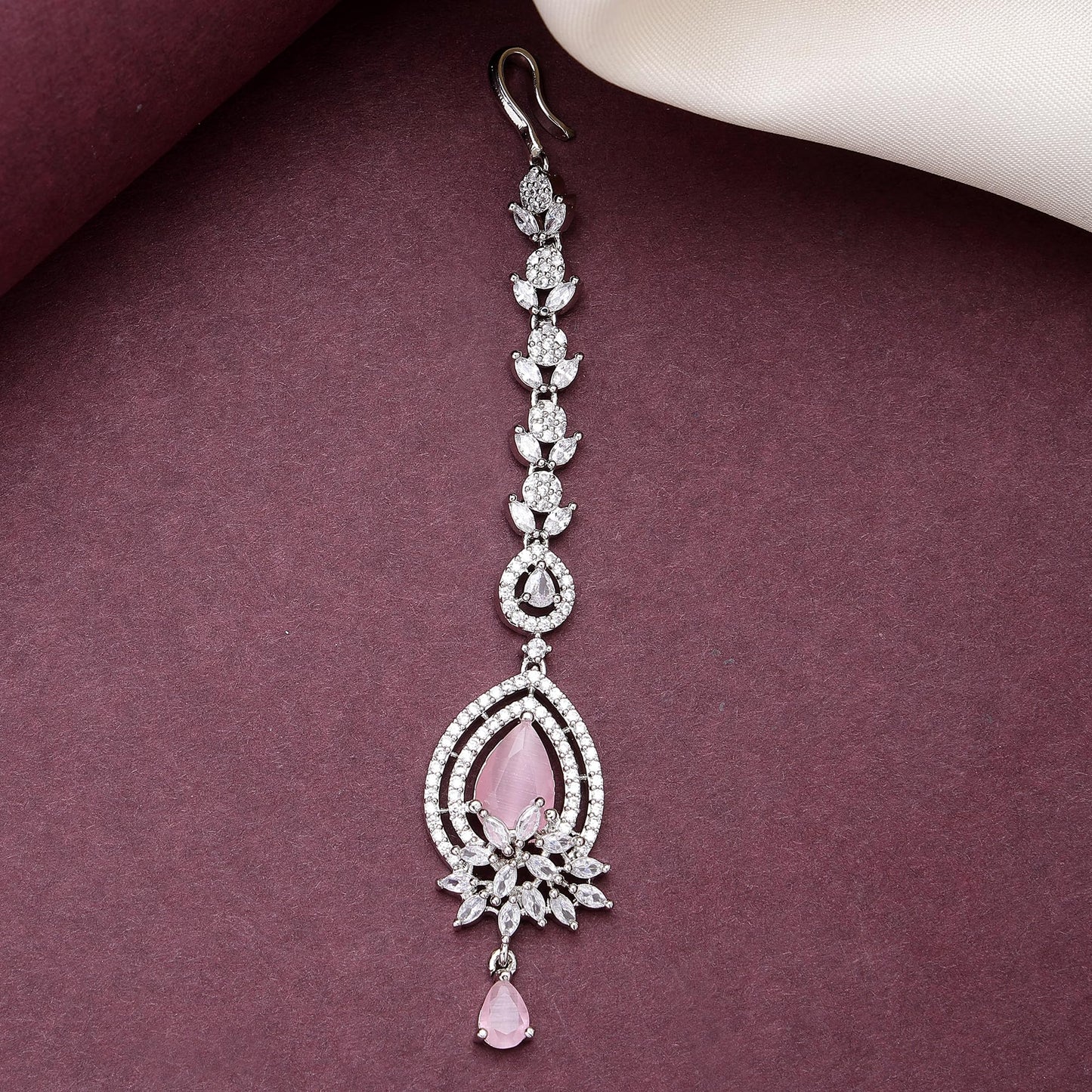 Zeneme Rhodium Plated Designer American Diamonad Tear Drop Crytal Studded Silver Toned Maang Tikka for Women and Gifts for Girls (Pink Constellating Spark Maang Tikka)