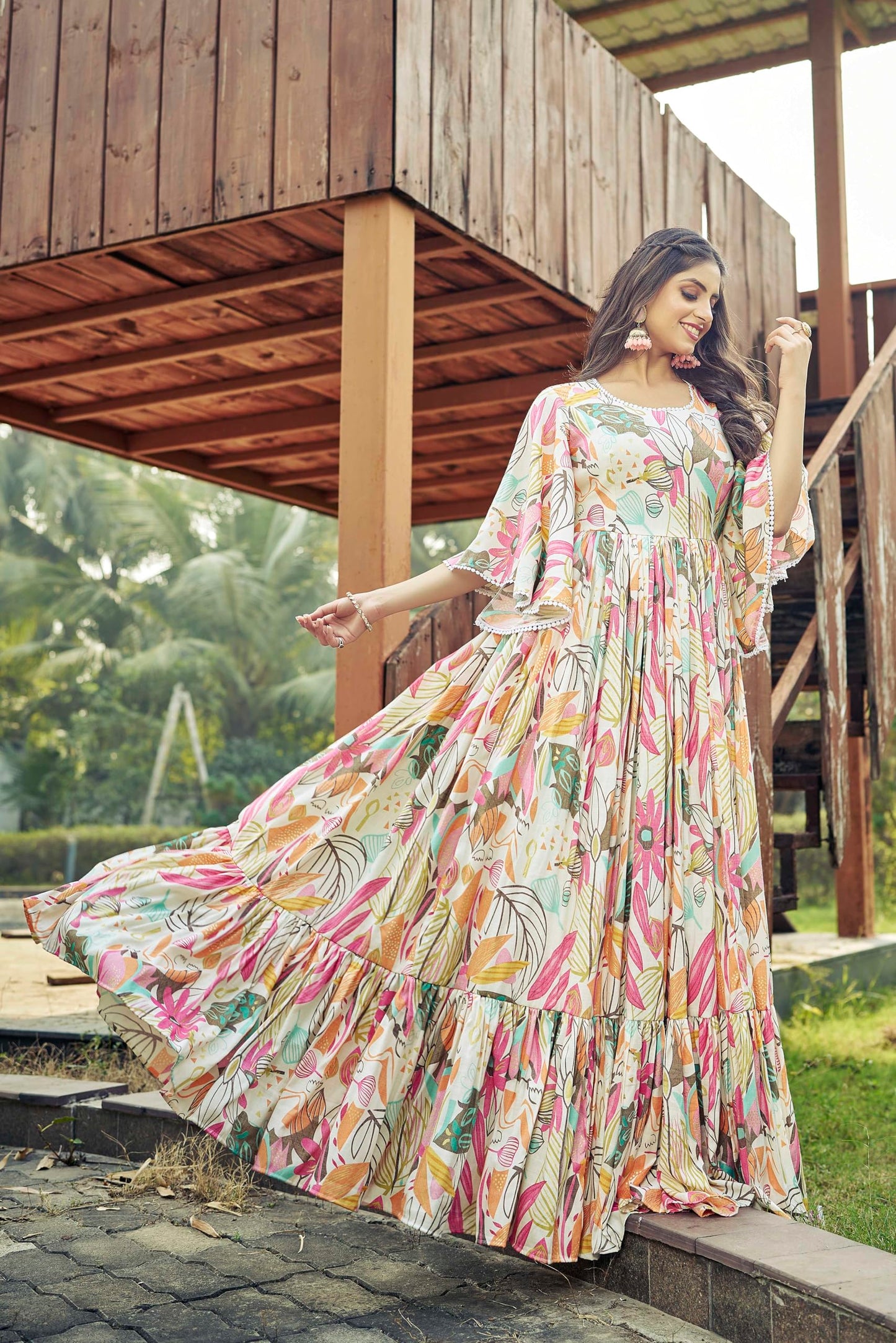 Samprag Rayon Gown for Women | Full Length | Printed | Fit & Flare | Flared & Bell Sleeves | Round Neck | Ethenic Dress | Ideal for Casual, Wedding & Party | Off-White & Sky Blue | S
