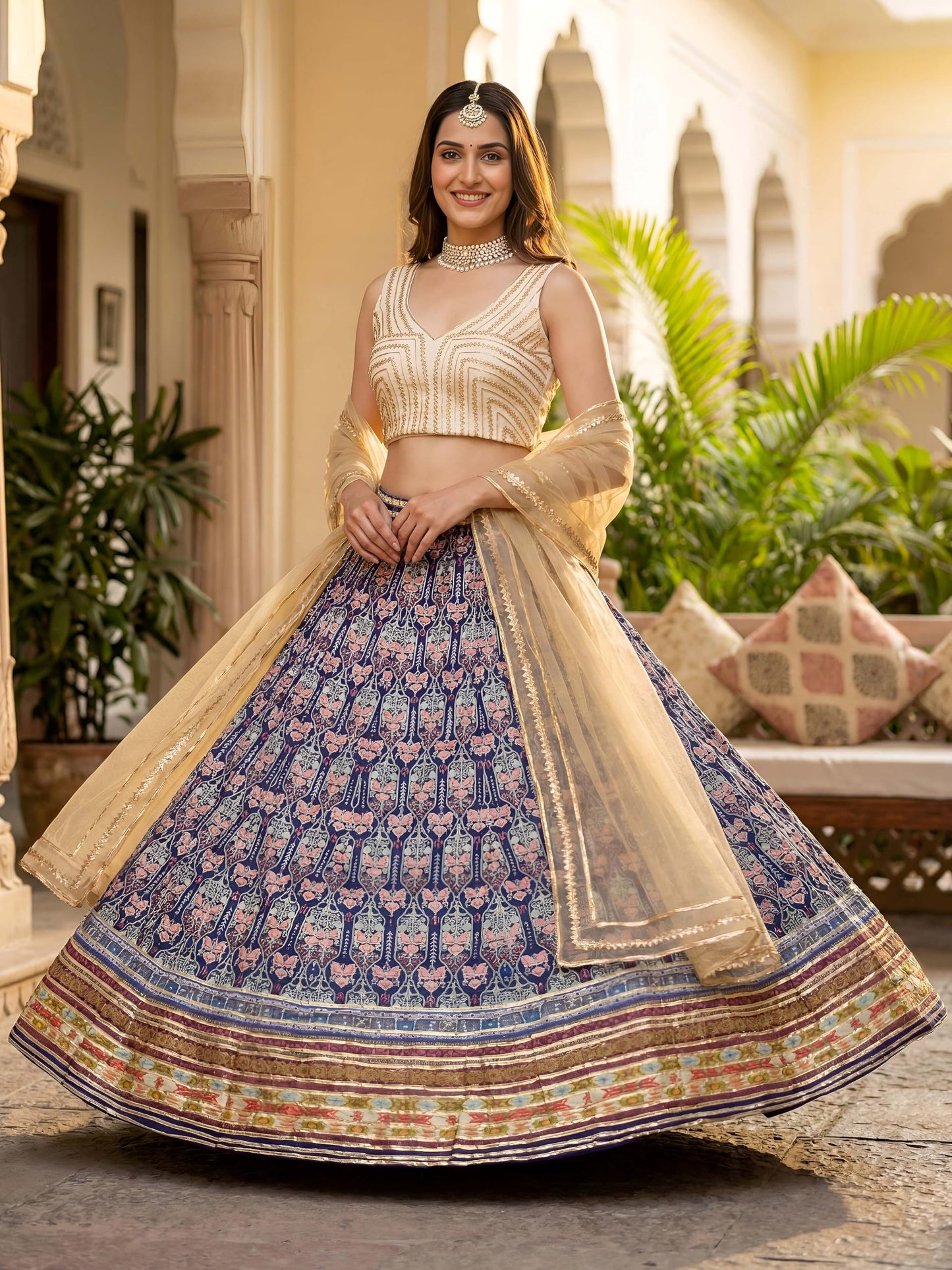 Zeel Clothing Women's Digital Print With Gota Patti Art Silk Lehenga Choli With Dupatta (5053-Blue-Women-Lehenga-Choli-Set; Free Size)