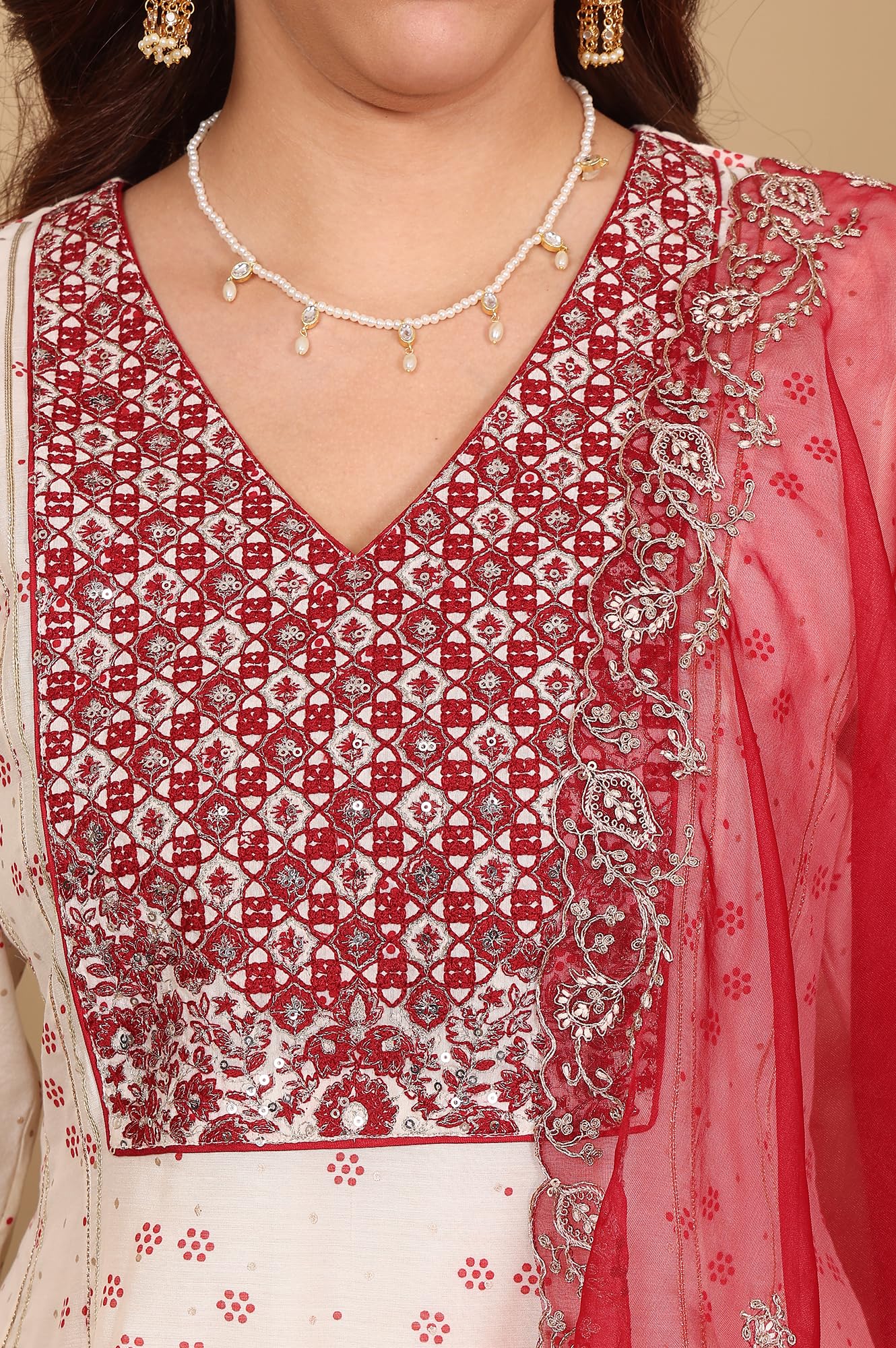 W for Woman Wishful Whisper White Dot Printed Embroidered Chanderi Anarkali Kurta, Flared Pants and Dupatta Set (Size: XXL)-24AUSP11726-124351