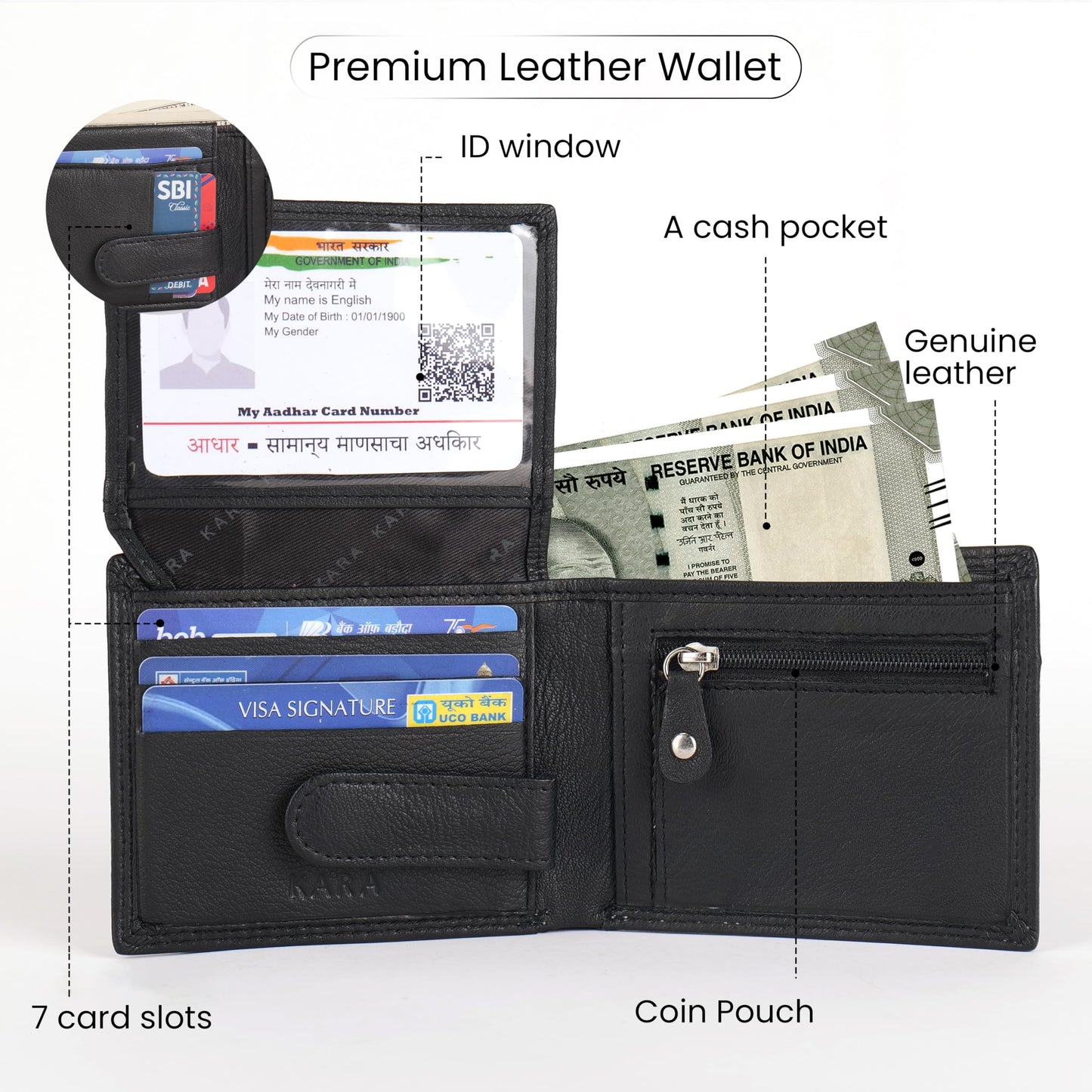 KARA Premium Men's Genuine Leather Wallet – Sleek Black with Zipper Coin Pocket, 2 Cash Compartments, 7 Card Slots & Transparent ID Slot