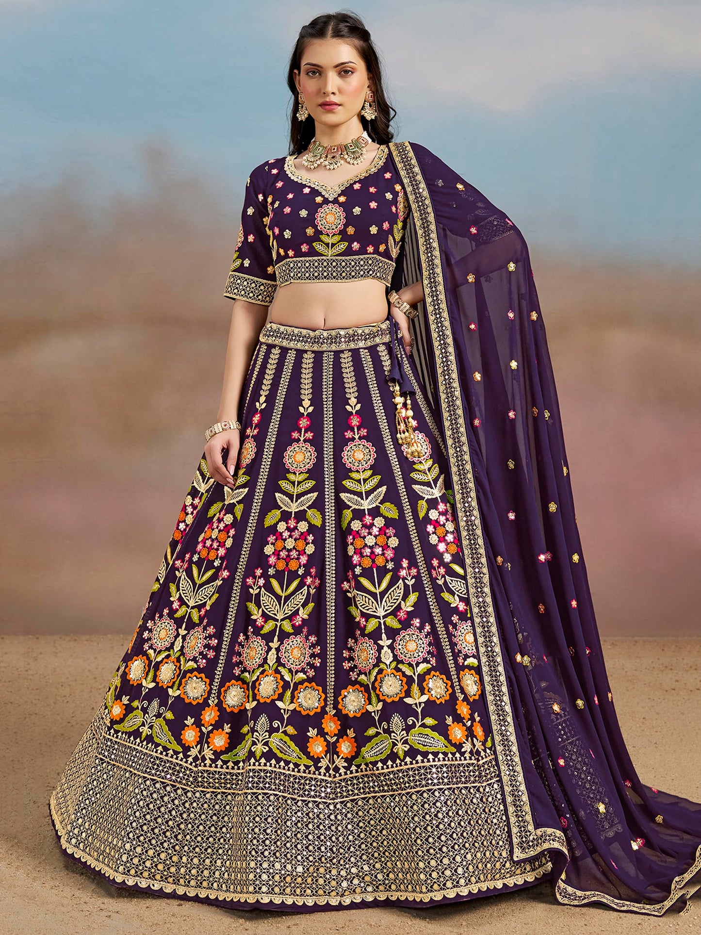 Zeel Clothing Women's Sequins Thread Embroidered Georgette Lehenga Choli With Dupatta (6008-Women-Lehenga-Choli-New; Free Size) (Purple)