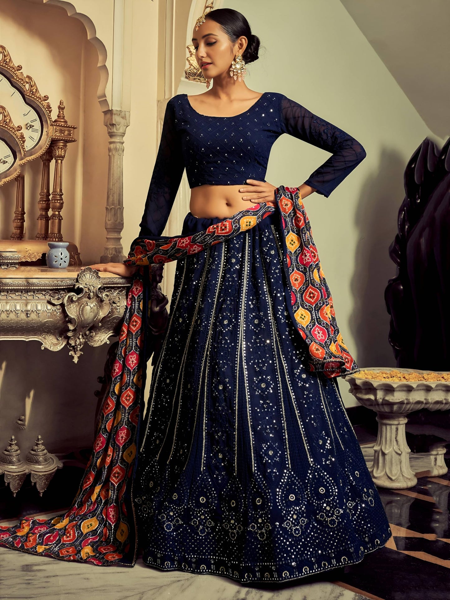 Zeel Clothing Women's Sequins Thread Embroidered Georgette Lehenga Choli With Dupatta (6005-Navy-Blue-Women-Lehenga-Choli-New; Free Size)(Navy-Blue)