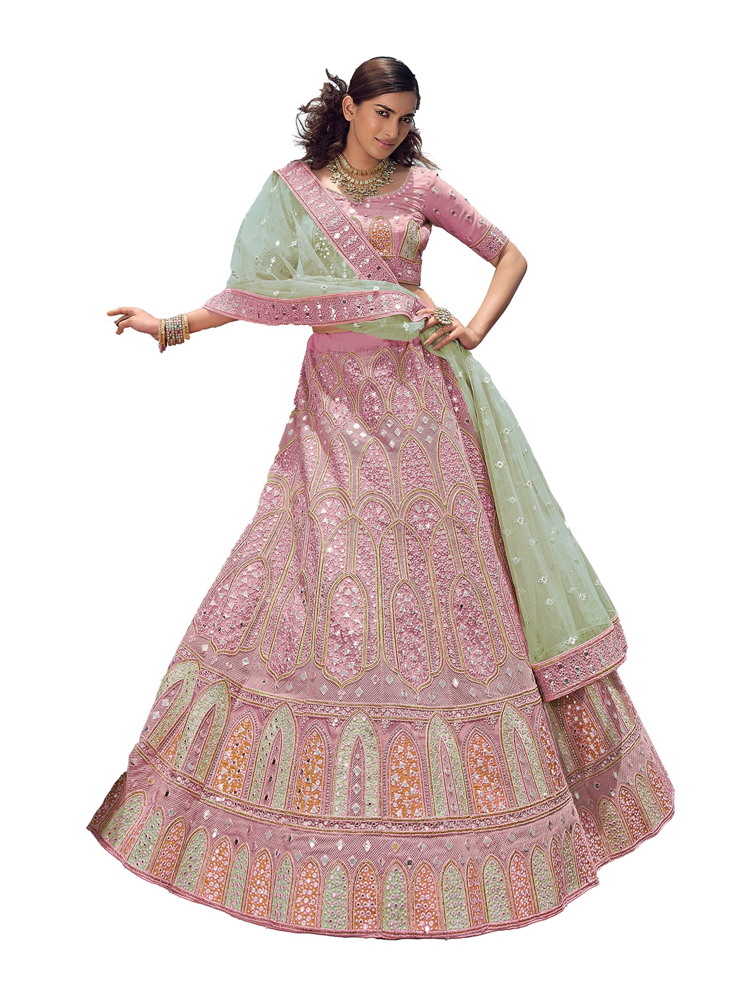 FUSIONIC Admirable pink Stone Work organza base Base Lehenga Choli For Women