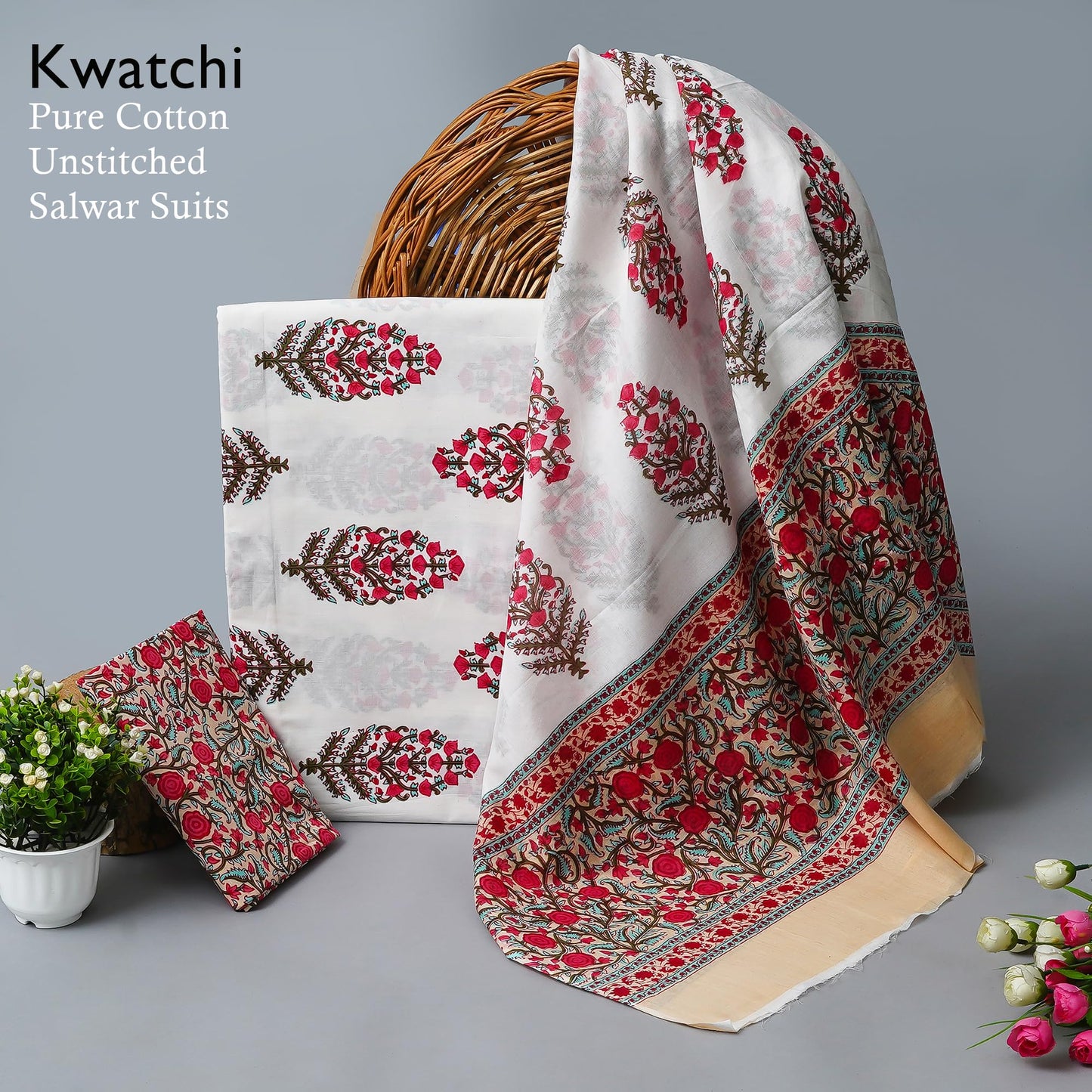 Kwatchi Kwathi Woman's & Girls White Red Floral Printed Unstitched Pure Cotton Suit & Dress Material
