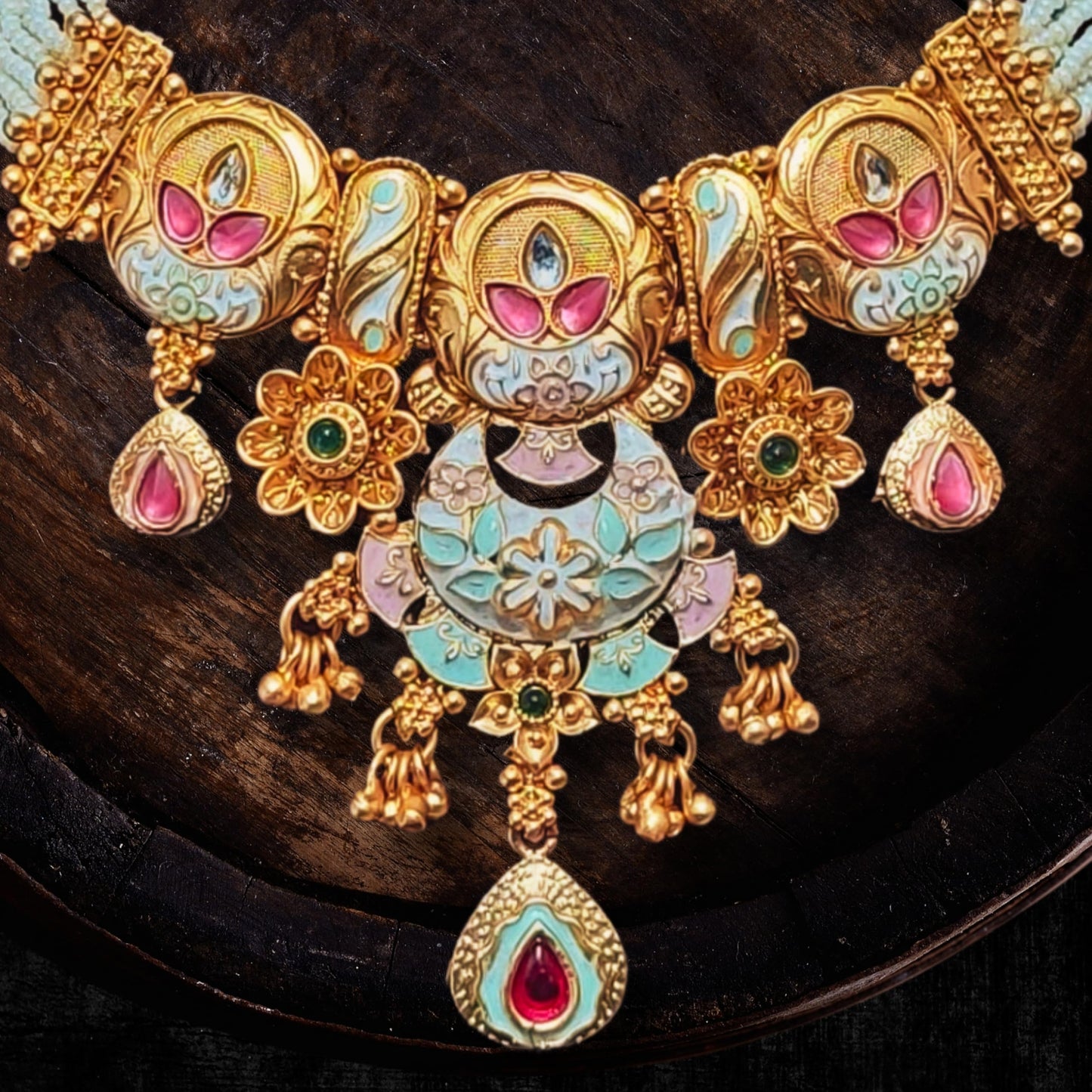 Achyut The Infalliable Women's Rajwadi Gold Plated Chik Necklace Set with Earrings - Rajwadi Floral Design Chokor Motimala Jewellery for Girls pink and green