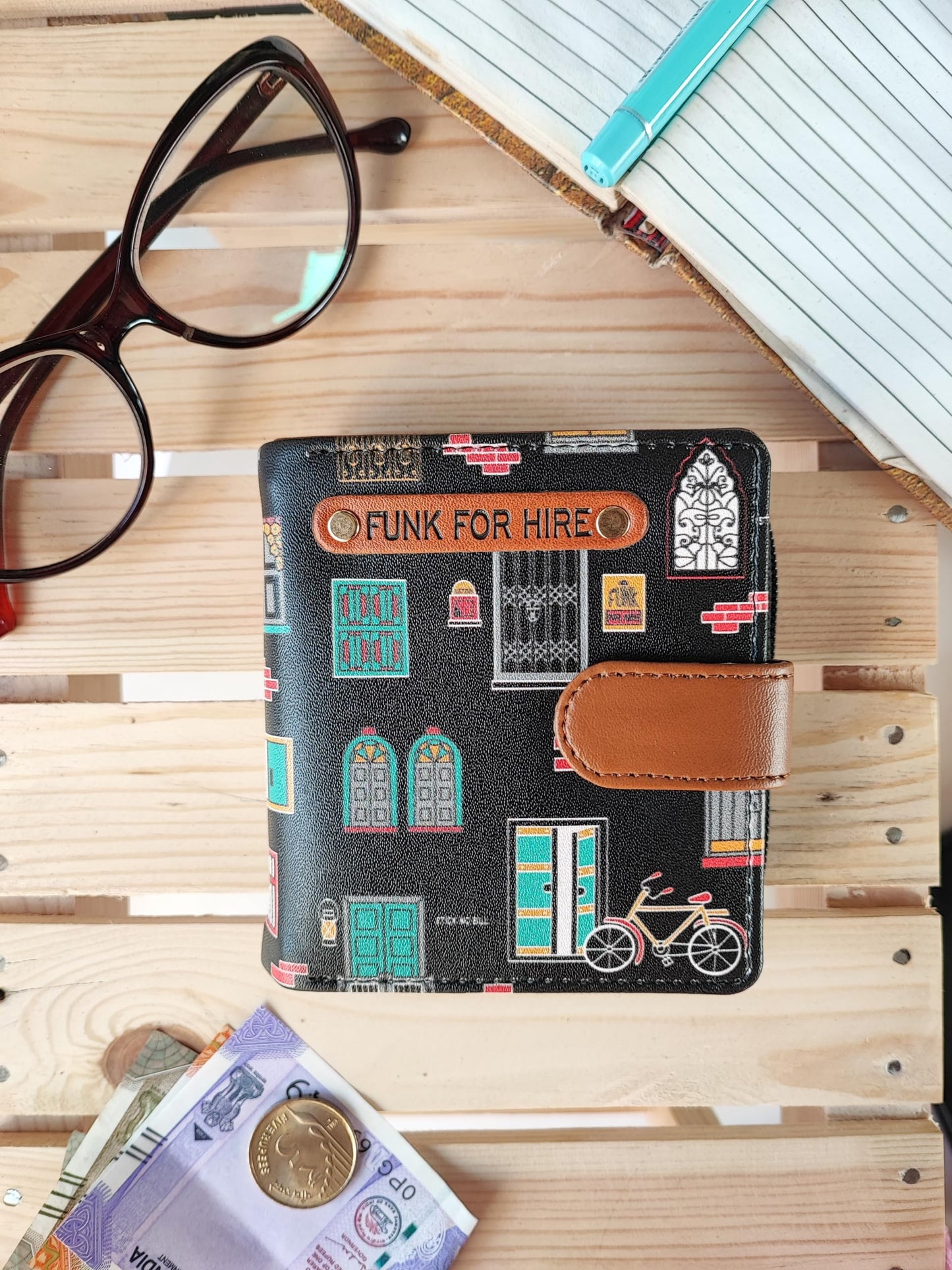 Funk For Hire Women’s Printed Black Vegan Leather Small Wallet with 8 Card Slots, 2 Hidden Pockets, Full-Length Cash Compartment, Zippered Coin Pouch, Compact Bifold Design