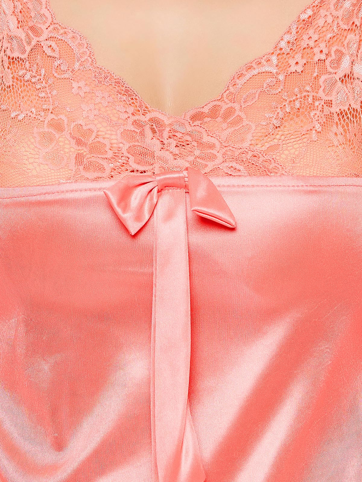 Clovia Womens Satin Solid Short Nightdress in Coral with Laces (NS0466P16_Orange_S)