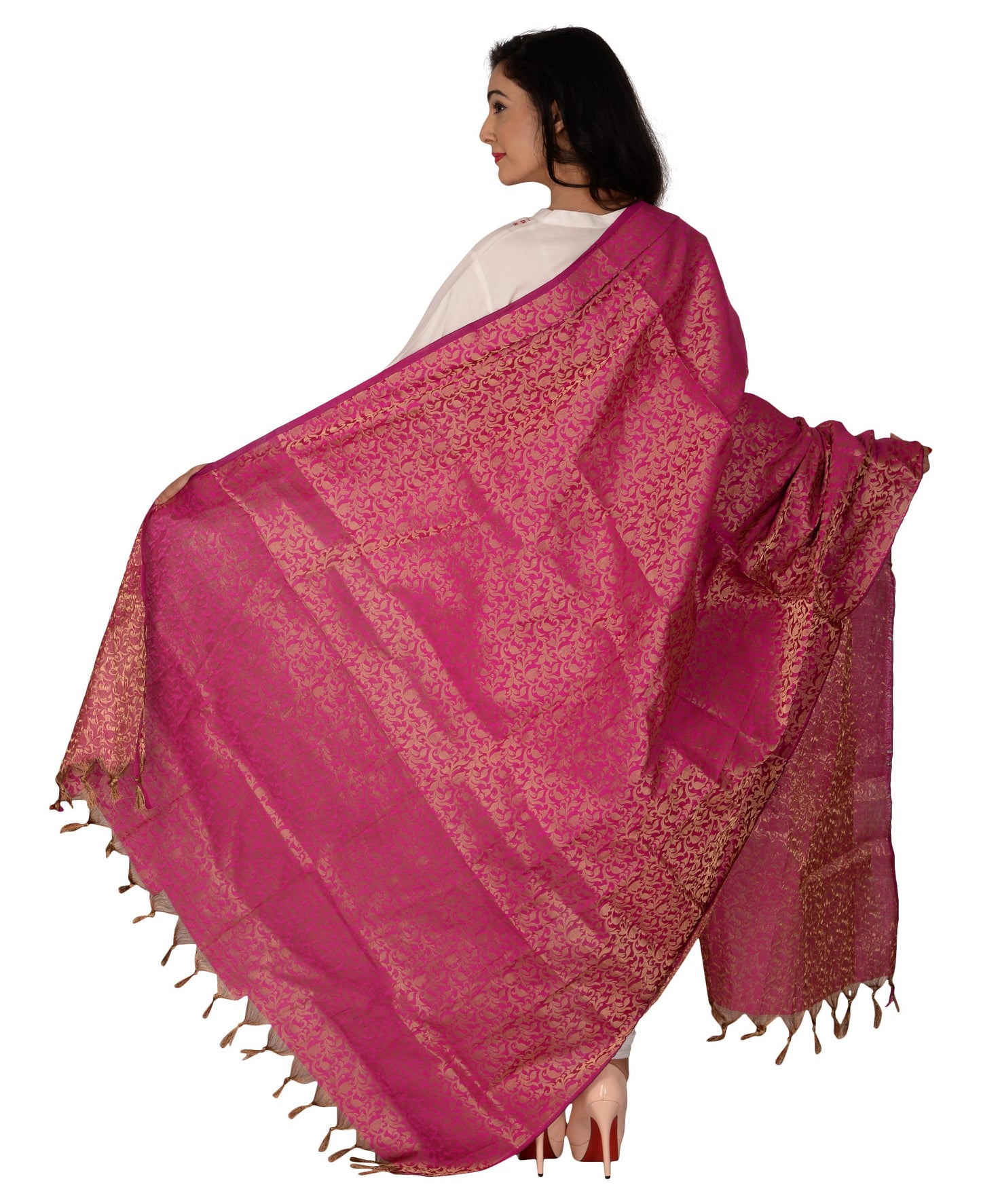 YOUTHQUAKE Women's & Girls Golden Zari Jacquard Banarsi Silk Dupatta with (Rani Pink) 2.25 Meter