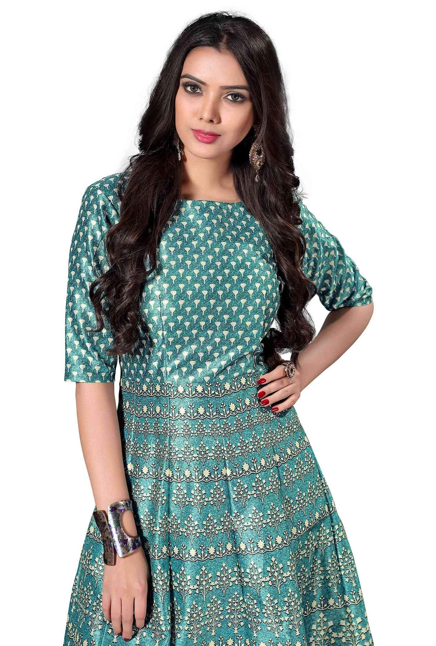 Zeel Clothing Silk A-line Long Printed Green Gown For Women's (Medium)