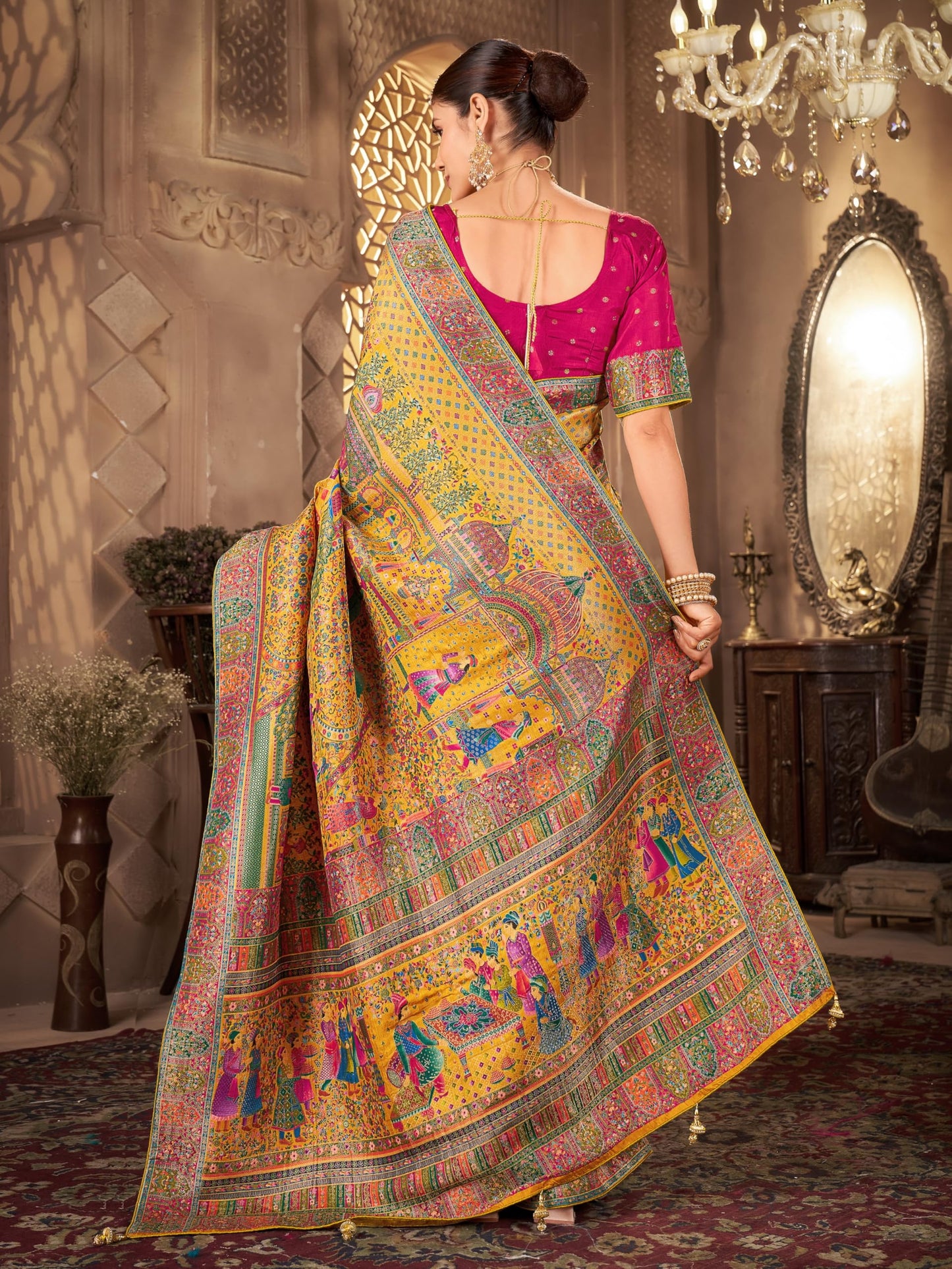 Glory Sarees Women’s Luxurious Dola Pure Silk Original Saree Position Print Work Madhubani Inspired Motifs Banarasi Kanjivaram Style Saree With Blouse Piece (Elegant101_Yellow)