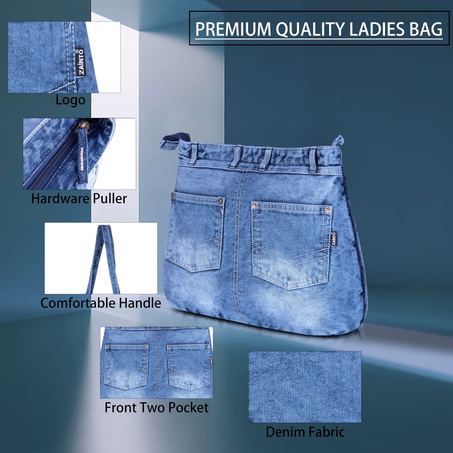 ZAINTO® Women's Denim Tote Bag with Zip Closure | Stylish, Spacious & Durable Shoulder Bag for College, Work & Travel | Eco-Friendly, (Jeans back packet style lightblue)