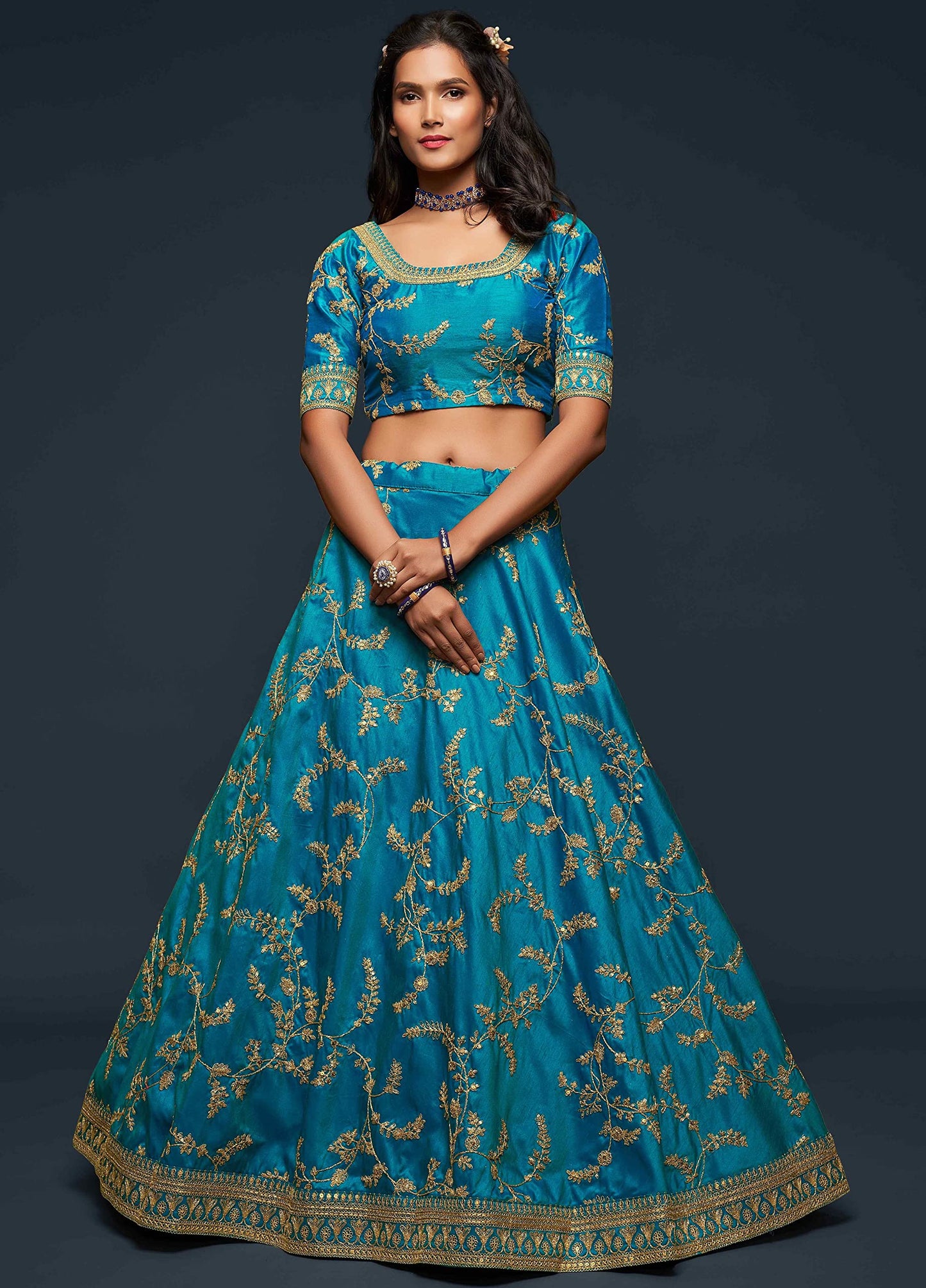 Divine International Trading Co Women's Art Silk Lehenga Choli With Dupatta (ZC7807-TURQUOISE_Unstitched)