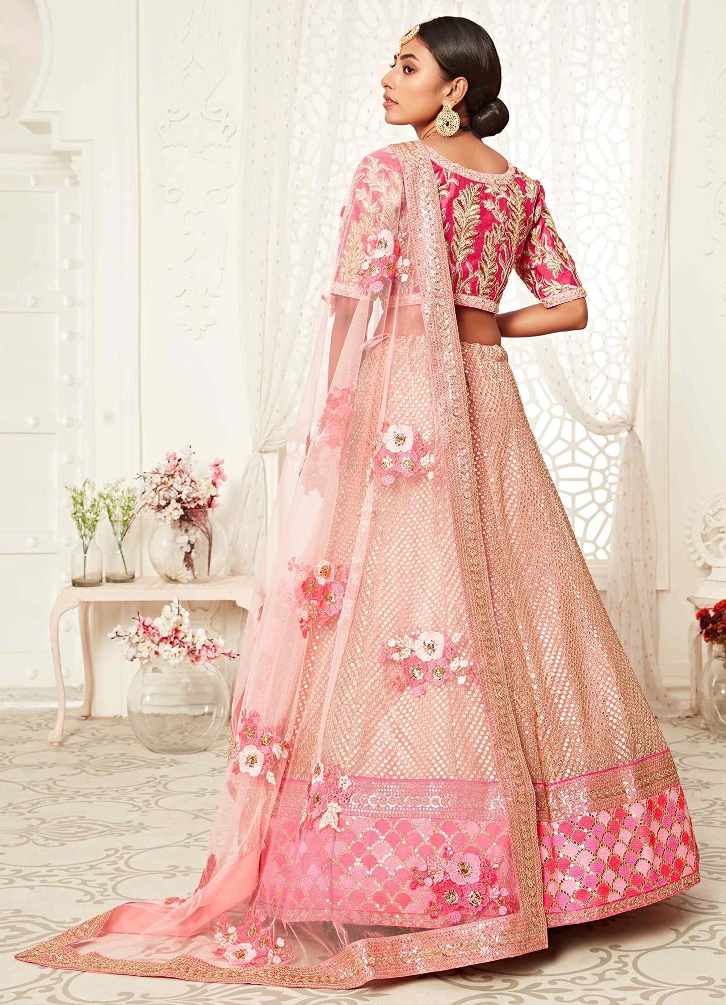 Divine Exim Women's Soft Net Lehenga Choli With Dupatta (PINK_ZCDE7706_Unstitched)