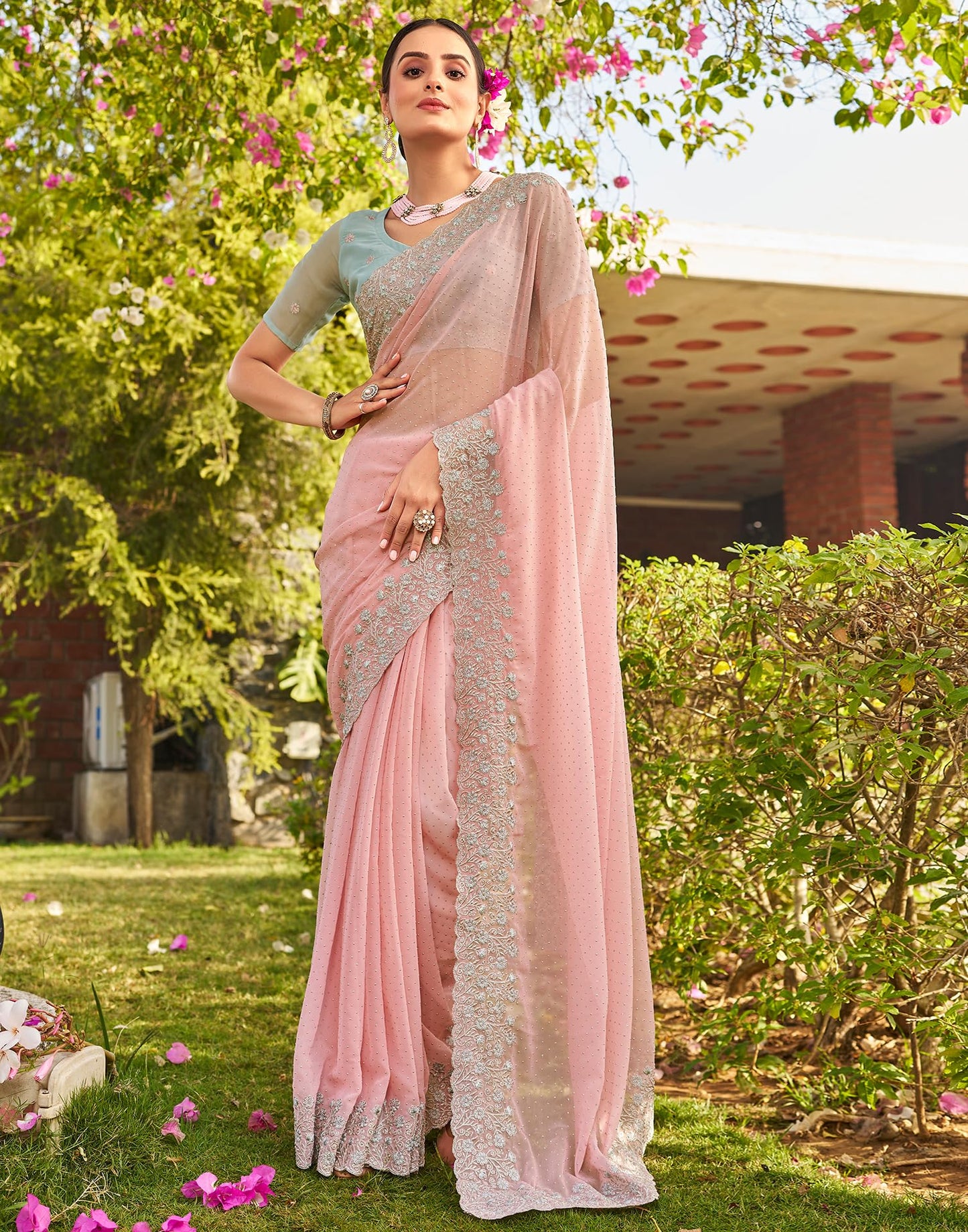 SIRIL Women's Georgette Embroidery Zari Work Saree With Unstitched Blouse Piece (3647S349_Baby Pink)