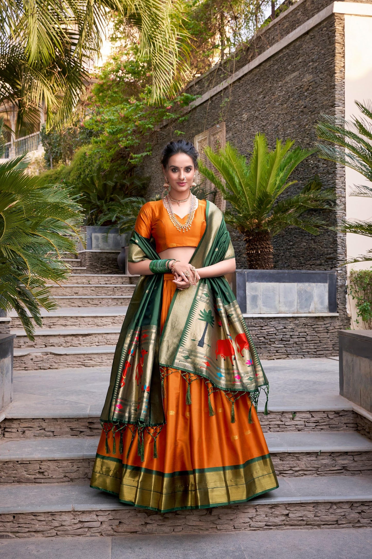 NONITA FASHION Orange Paithani Silk Lehenga Choli with Rich Zari Work (Orange, Large)