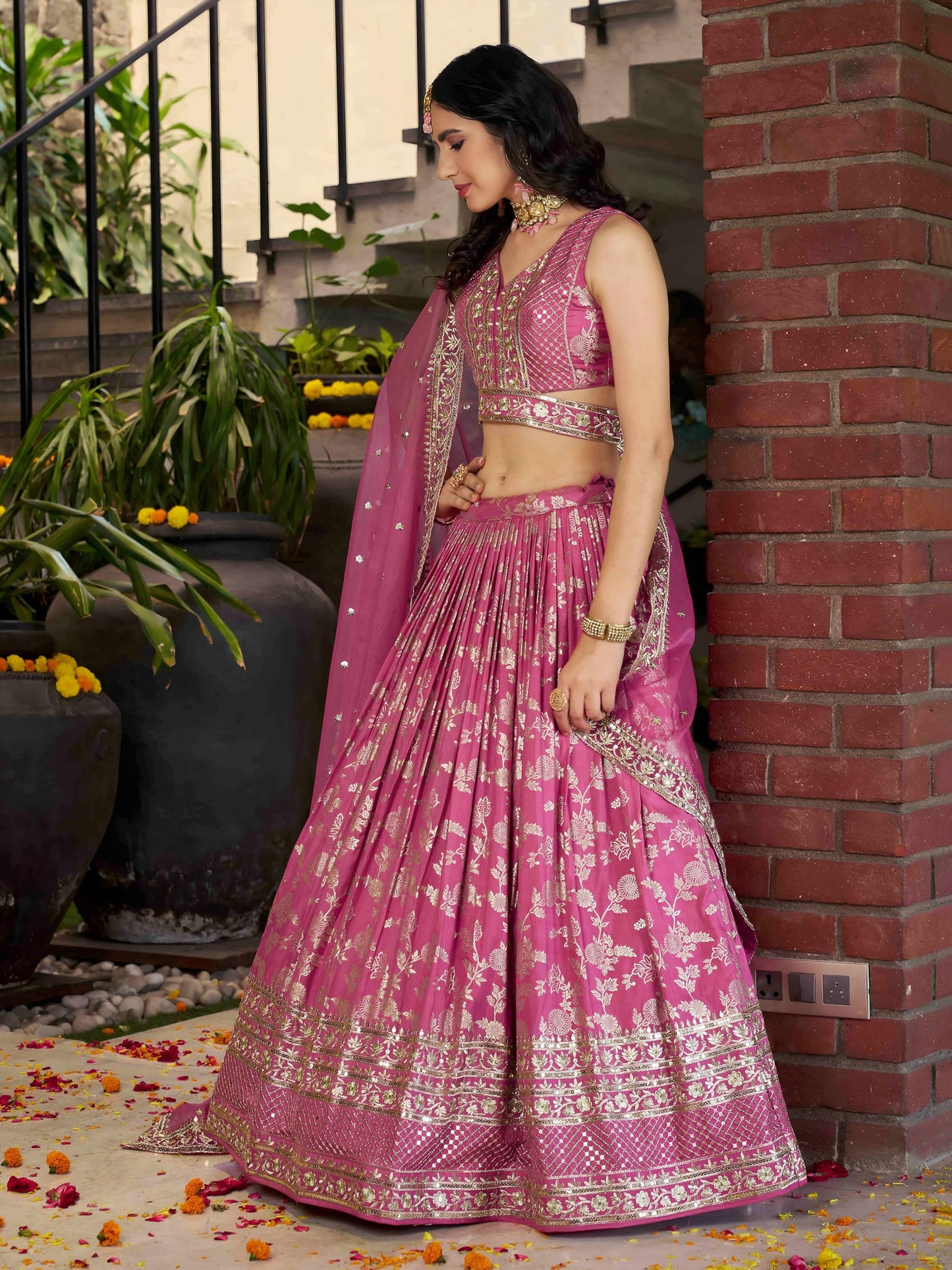 Zeel Clothing Women's Sequins Zari Embroidered Dola Silk Jacquard Lehenga Choli With Dupatta (7100-Women-Lehenga-Choli-Latest, Free size) (Pink)