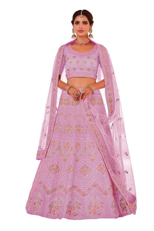 FUSIONIC Pink Color Organza Fabric Gota And Thread Work Lehenga For Women