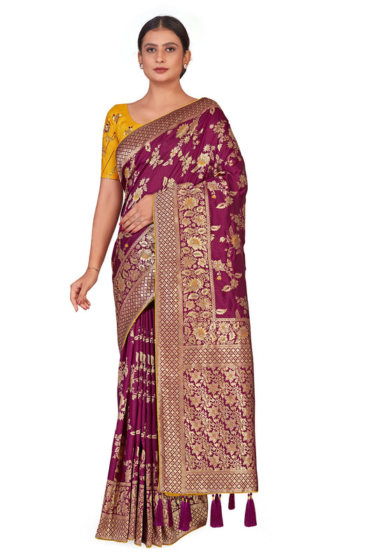 Monjolika Fashion Women's Banarasi Silk Blend Zari Woven Work With Tussles Saree Blouse Piece(37769 color) (Rani Pink)