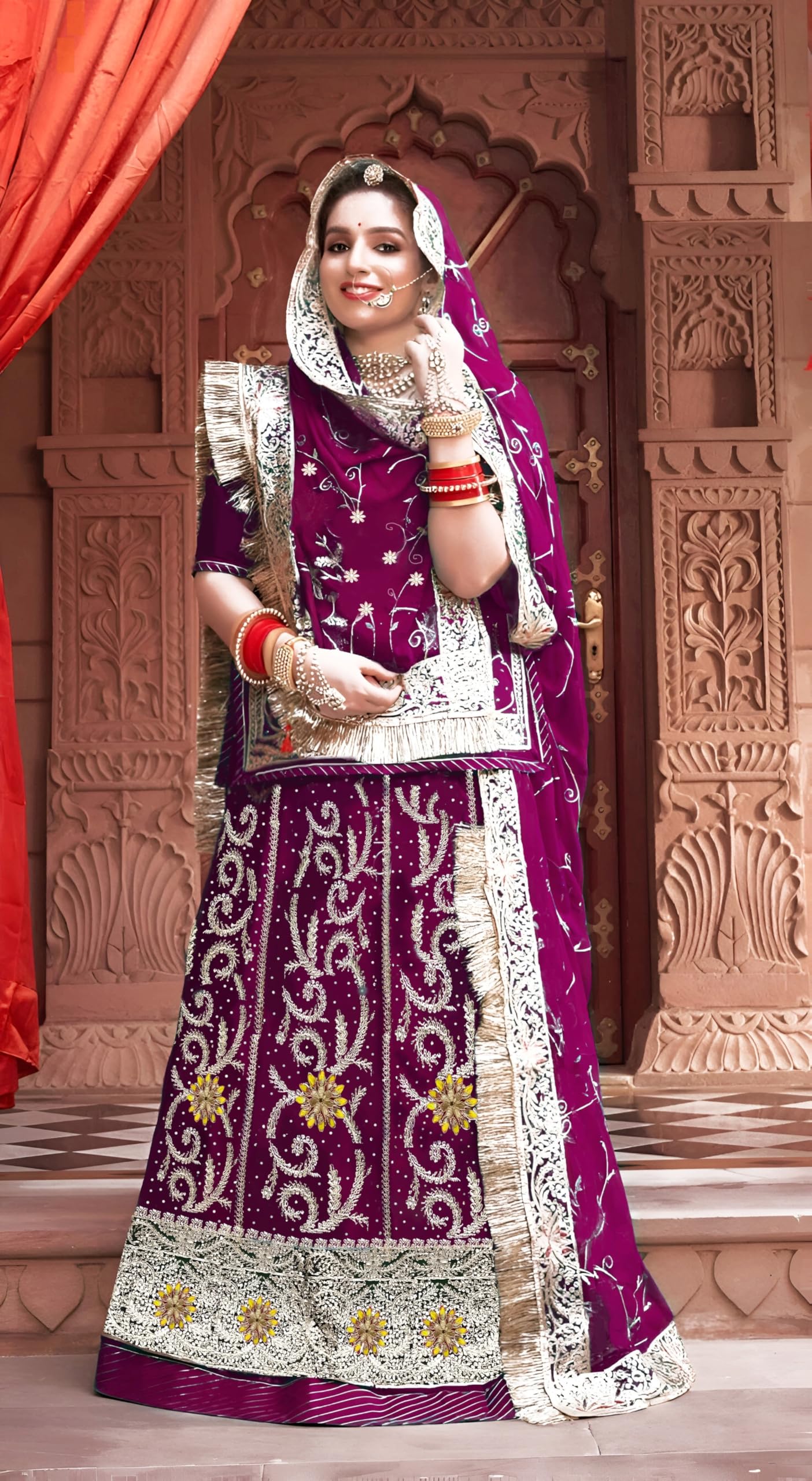 SHYAMLATA Fancy Heavy Embroidery And Sequins Work Shimmer Silk Semi-stitched Rajasthani Poshak || Rajputi Lehenga Choli For Women || Lehenga choli for women (Purple)