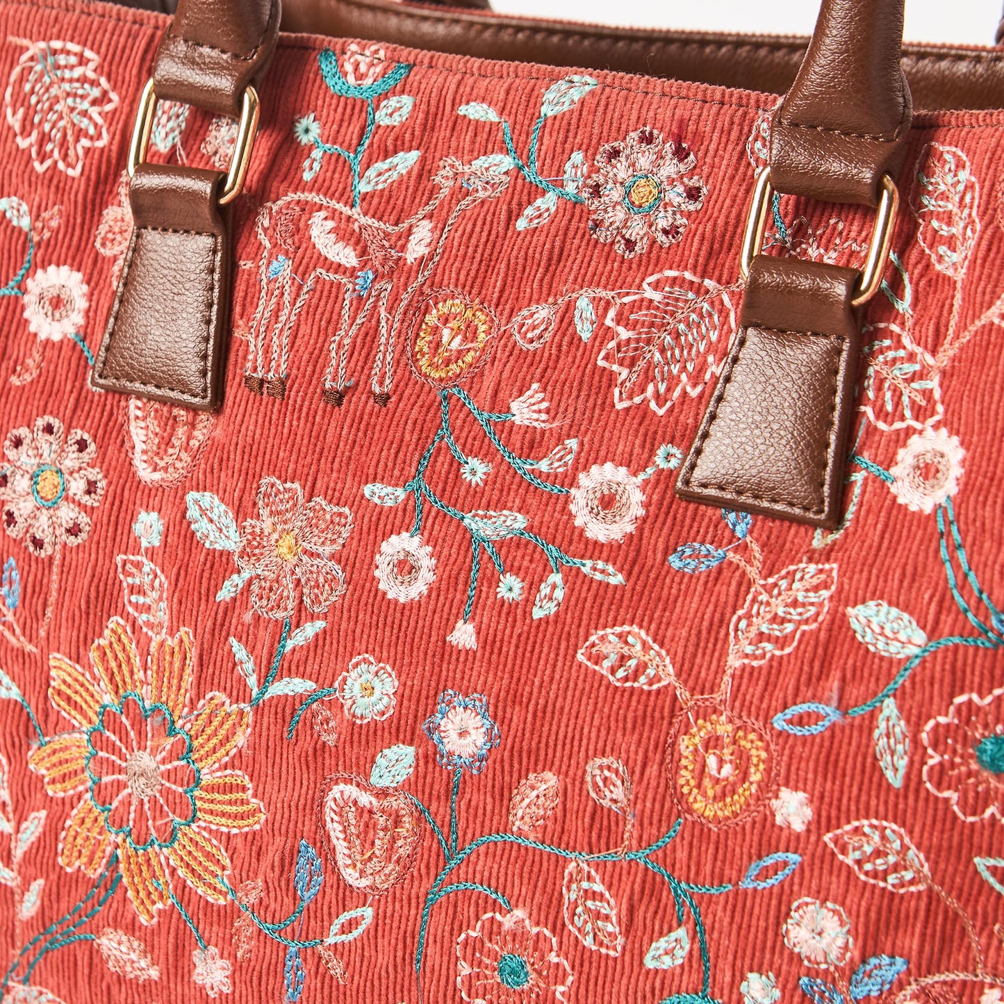 Chumbak Marrakesh Tote Bag, 7.8L, Red, Corduroy Outer with Polyester Lining, Everyday Handbag with Kashmiri Motif, Kashmir Trails Collection