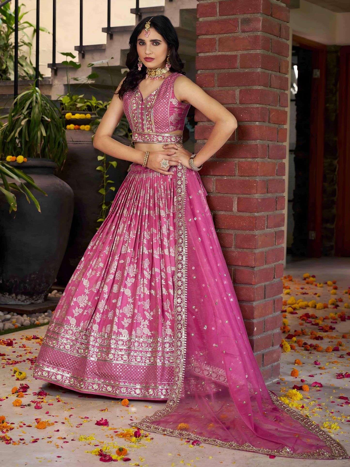 Zeel Clothing Women's Sequins Zari Embroidered Dola Silk Jacquard Lehenga Choli With Dupatta (7100-Women-Lehenga-Choli-Latest, Free size) (Pink)